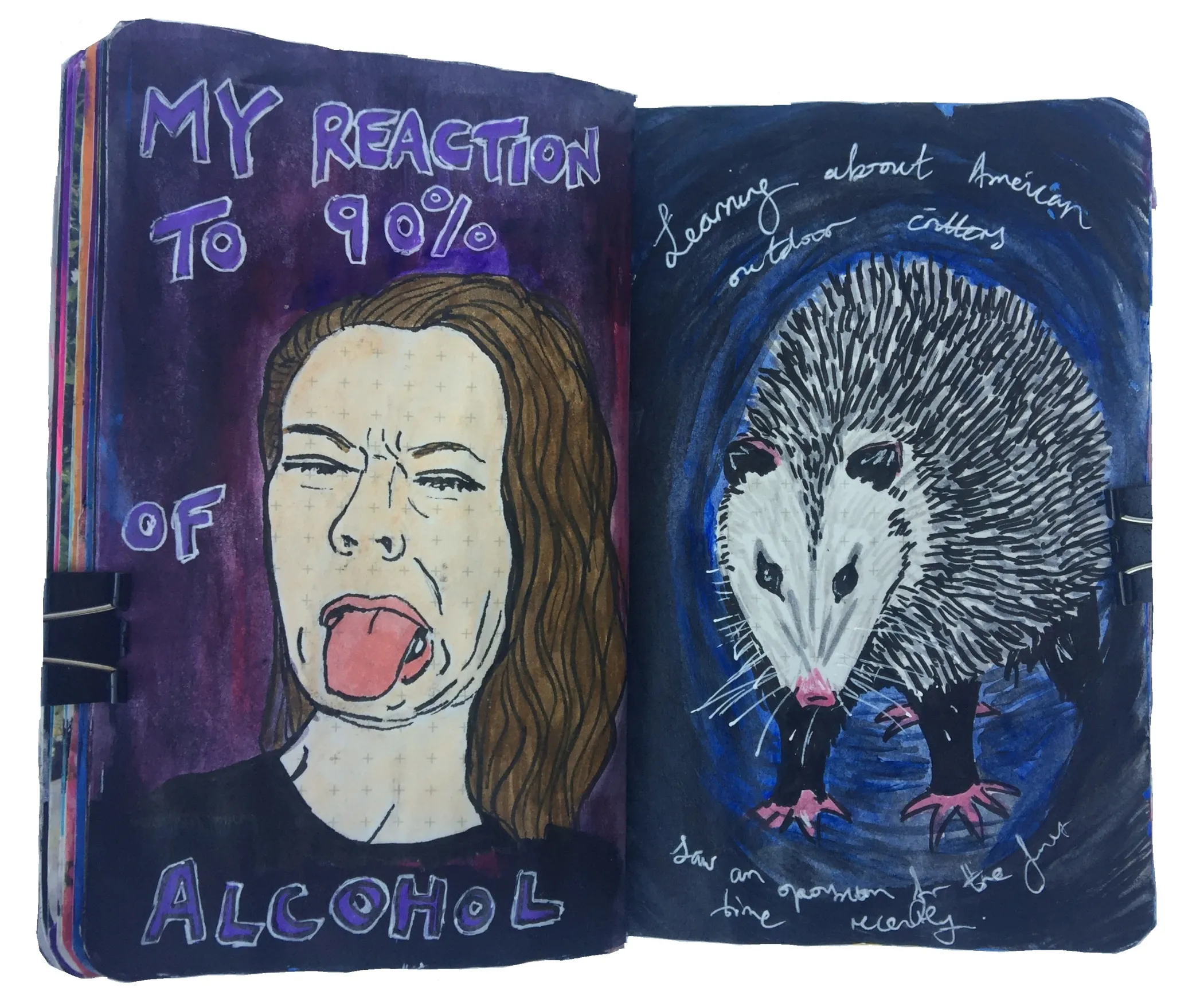 Day 262/365 of Year of Creative Habits. A mixed media art journal illustration of myself looking grossed out after drinking alcohol and a drawing of an opossum.