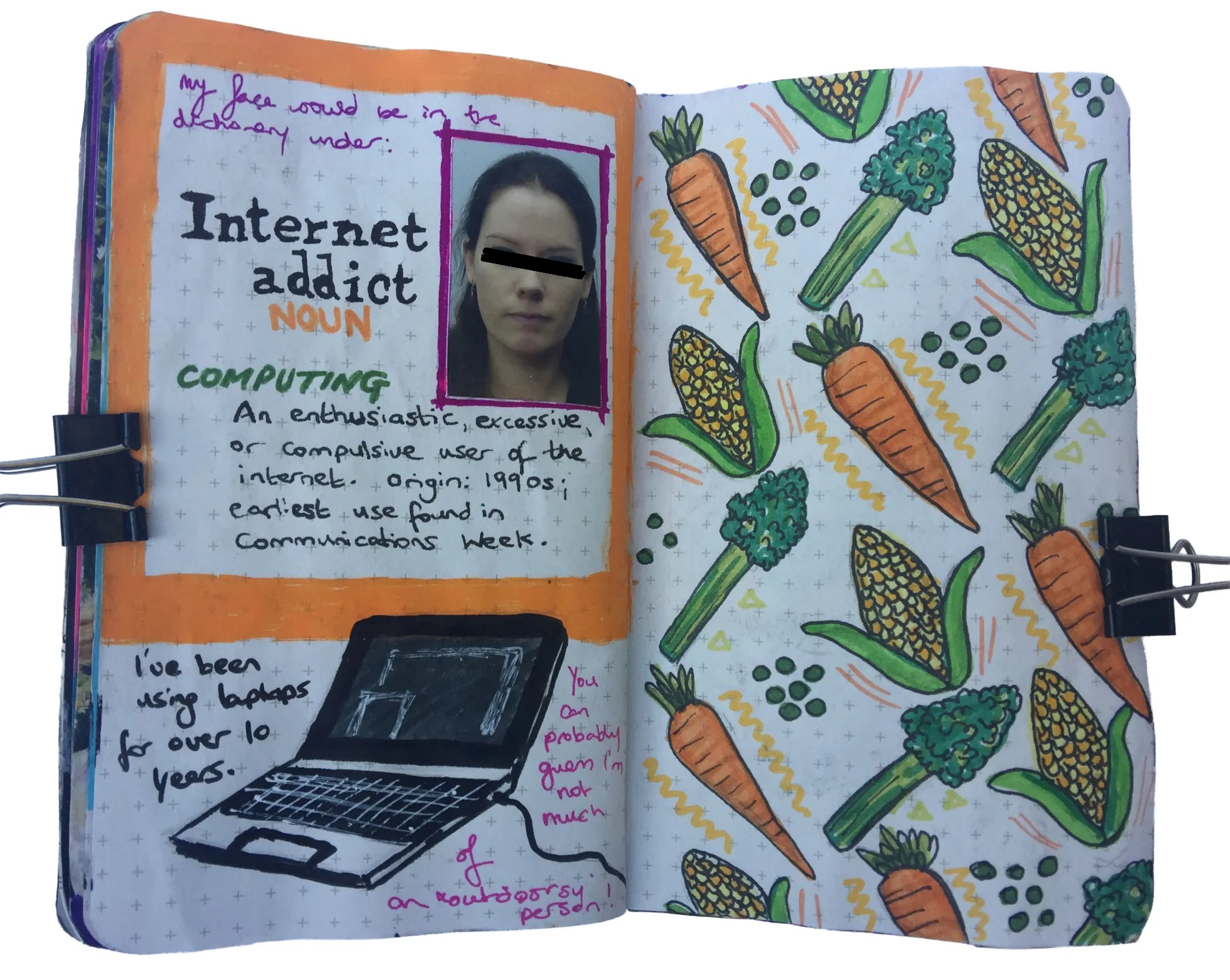 An art journal illustration about being an internet addict and drawings of my favorite vegetables.