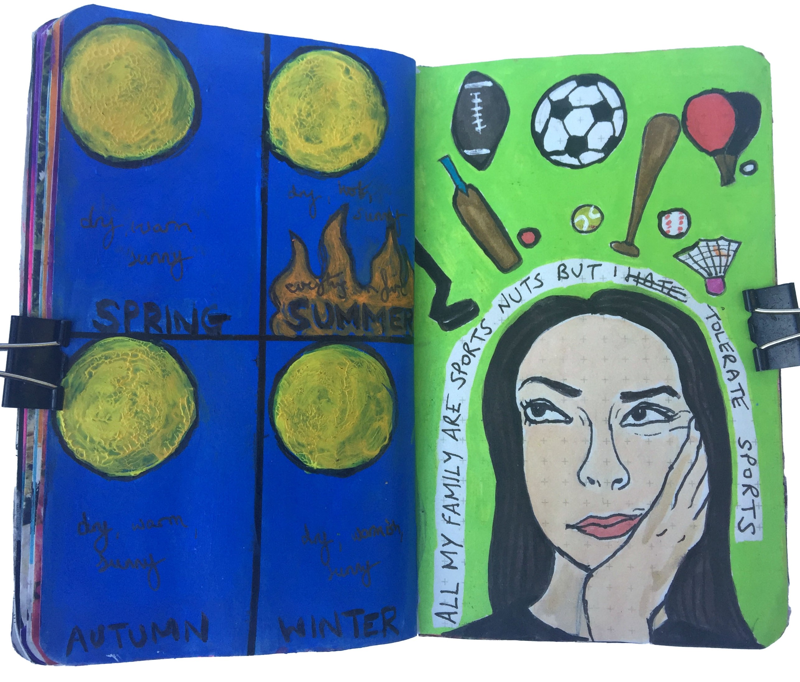 An art journal illustration about it being summer all year in Los Angeles and a self portrait of myself thinking about how I tolerate sports in a family of sports nuts.