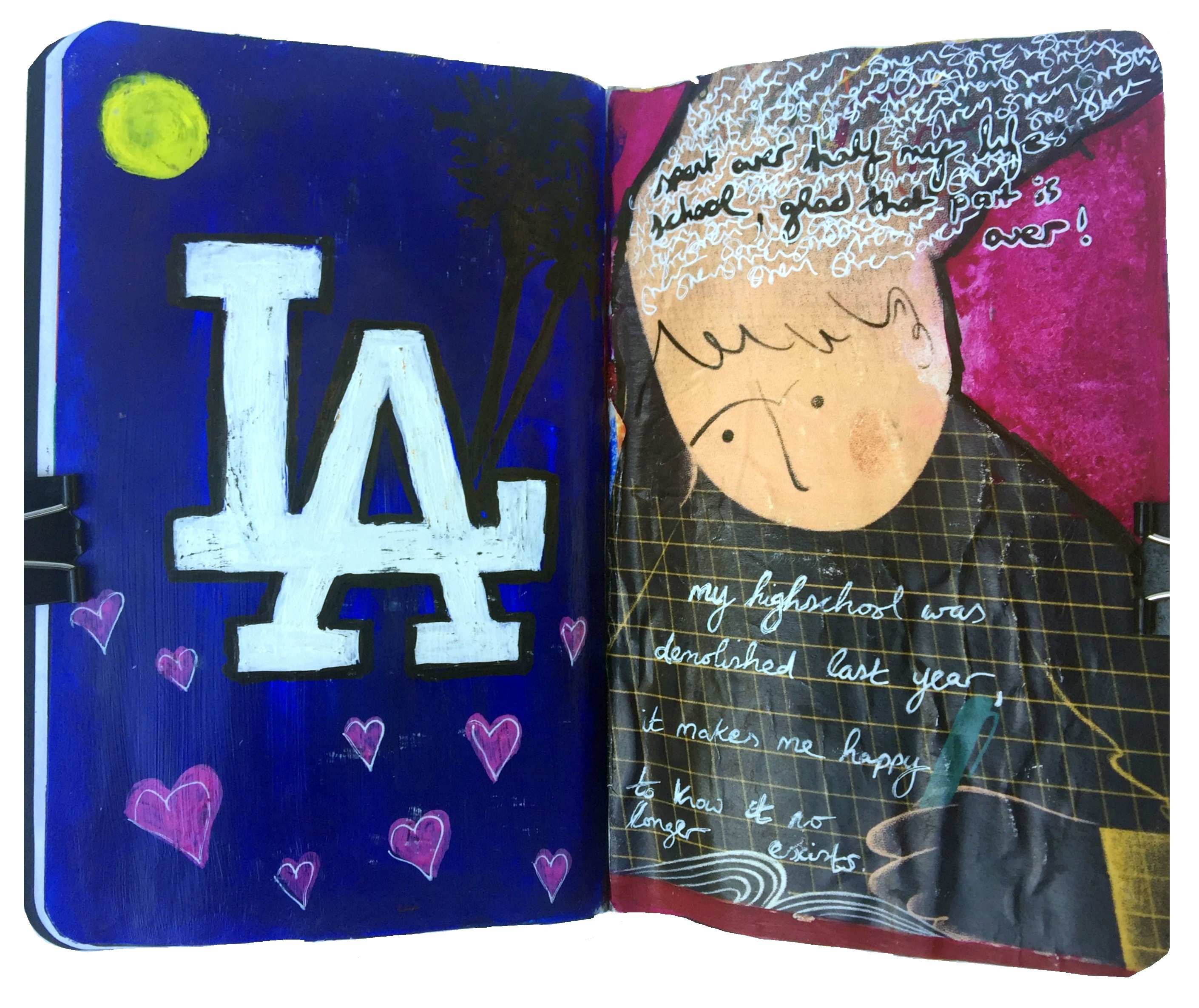 Day 219/365 of Year of Creative Habits. An art journal illustration of the Los Angeles logo with hearts and a mixed media collage about being happy my high school no longer exists.