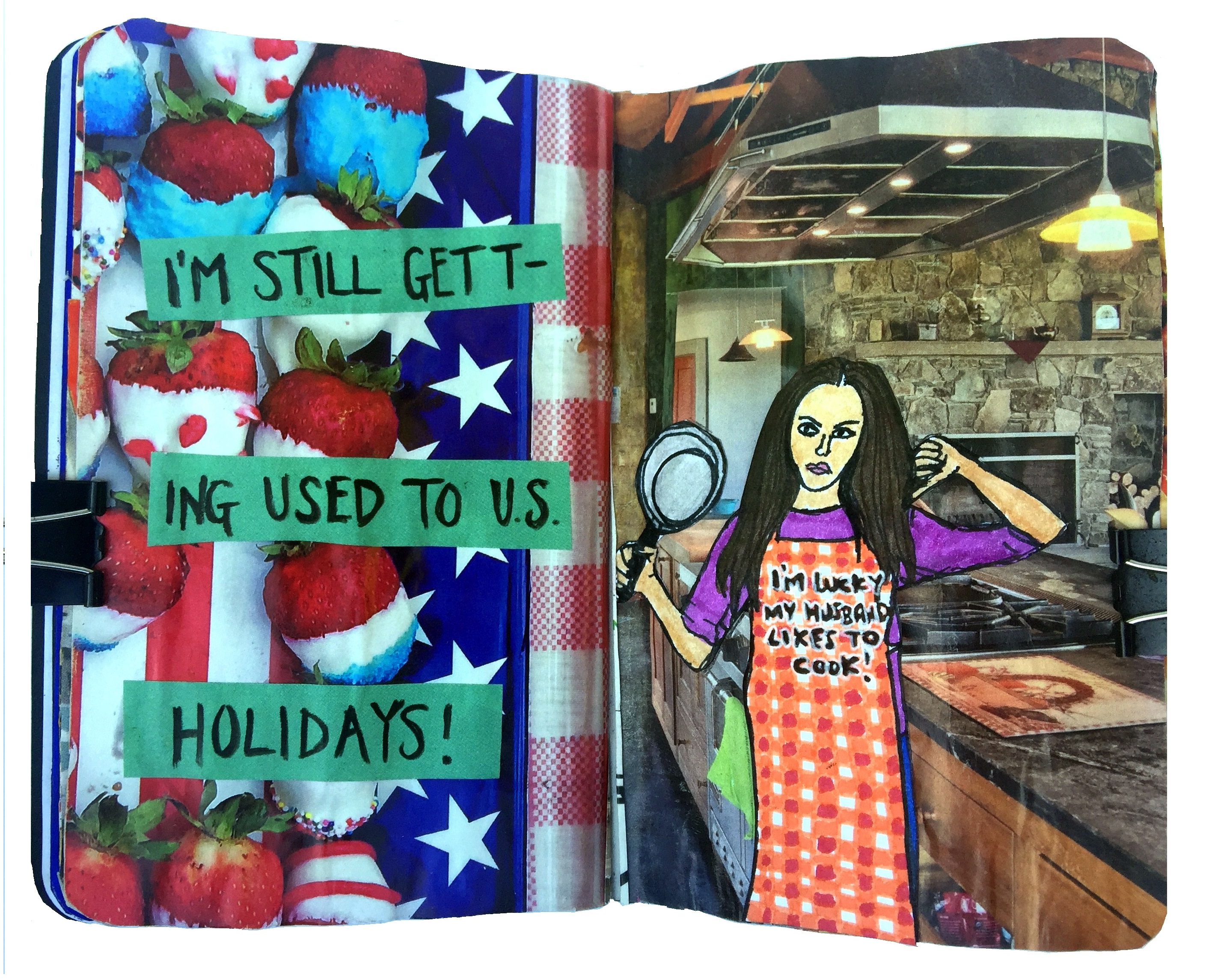 Day 221/365 of Year of Creative Habits. A mixed media art journal collage about holidays and a cartoon illustration of myself giving a thumbs down in front of a photograph of a kitchen with the words I'm lucky my husband likes to cook on an apron.
