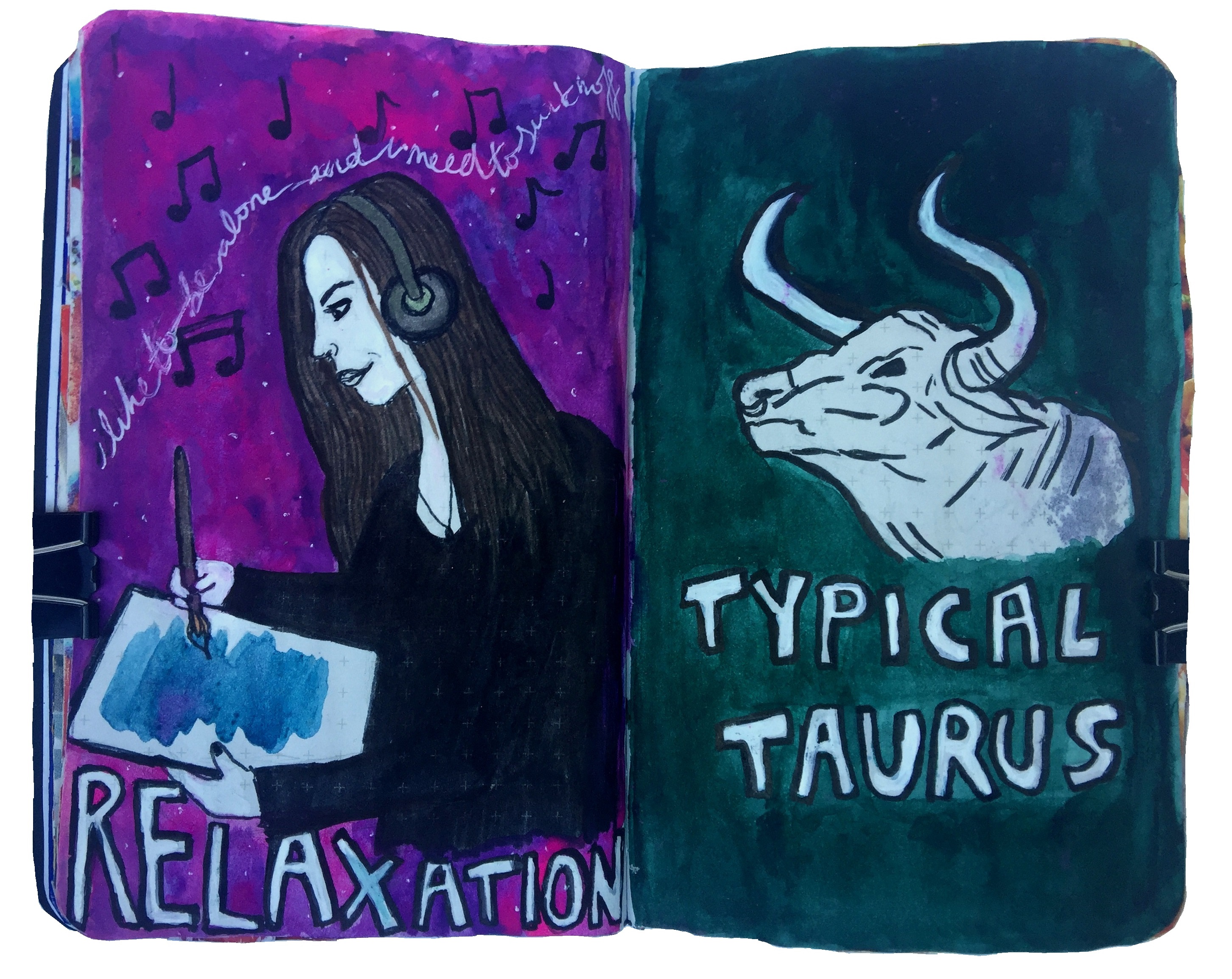 Day 223/365 of Year of Creative Habits. A mixed media art journal illustration of myself listening to music and making art to relax and a drawing of a bull with the words typical Taurus underneath.