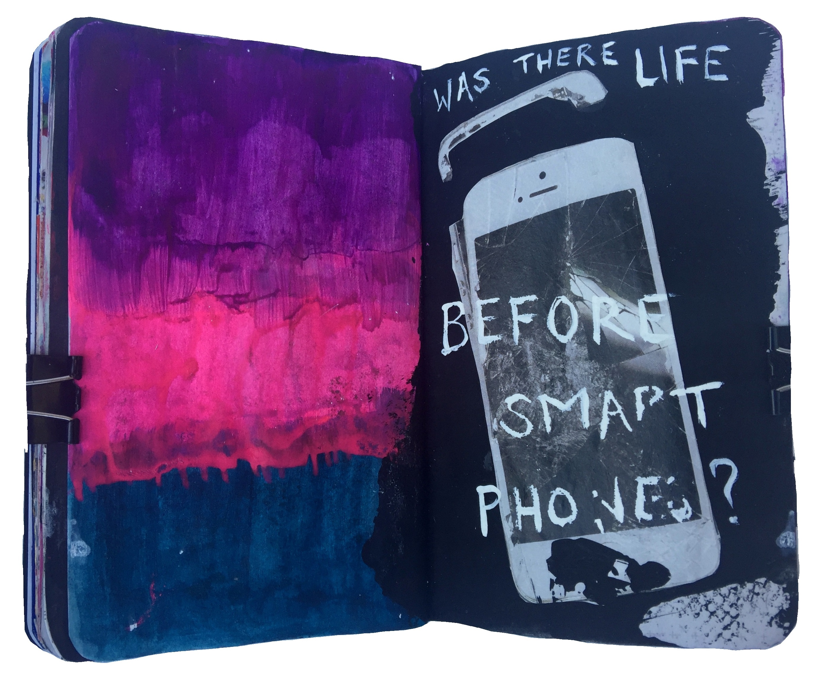 Day 232/365 of Year of Creative Habits. A mixed media art journal painting of my favorite colors and a collage of a smashed smart phone with the words was there life before smart phones?