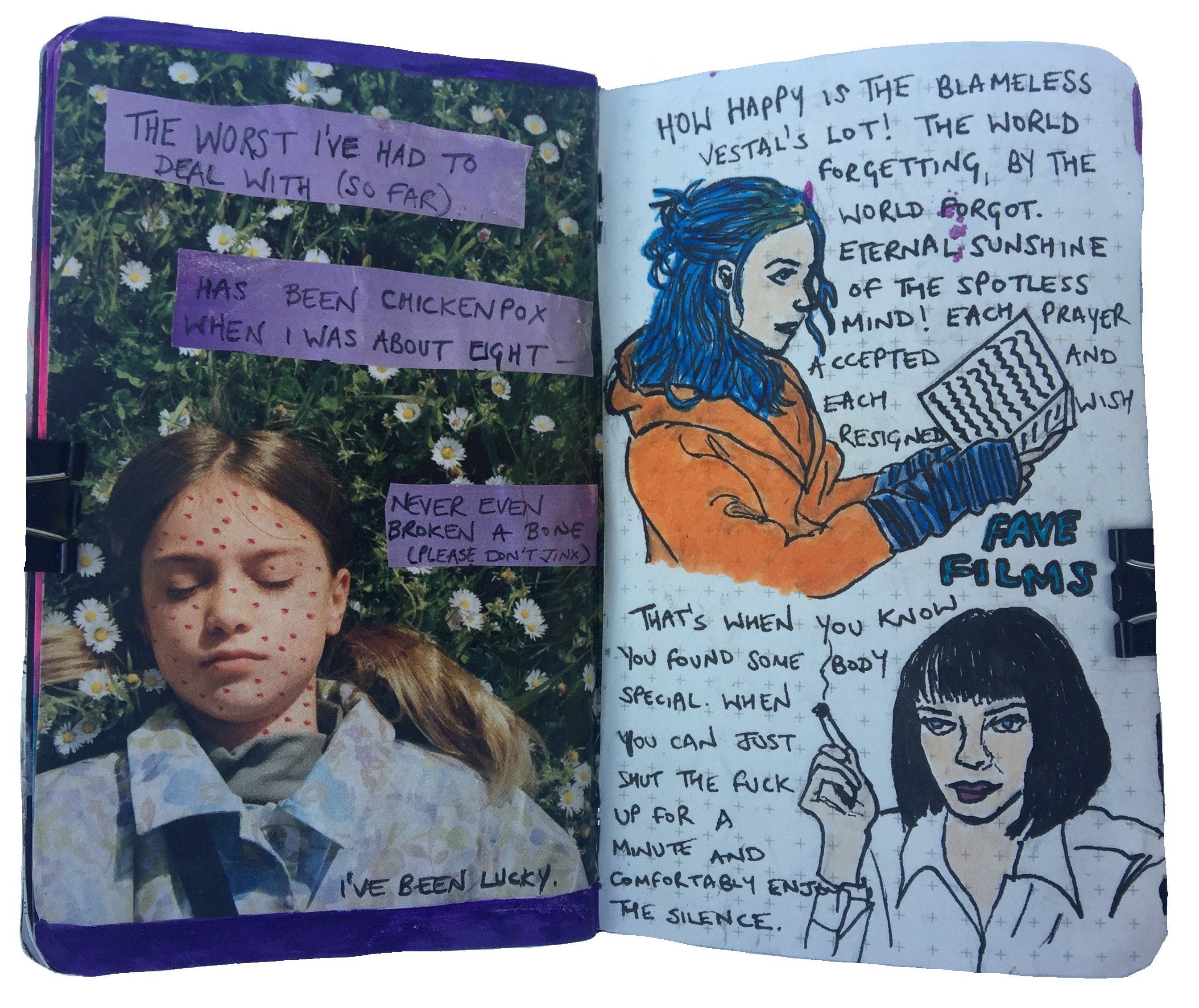 Day 238/365 of Year of Creative Habits. A mixed media art journal illustration about my favorite films (Eternal Sunshine of the Spotless Mind and Pulp Fiction) with quotes and drawings of Clementine Kruczynski and Mia Wallace and a collage about only ever having chicken pox.