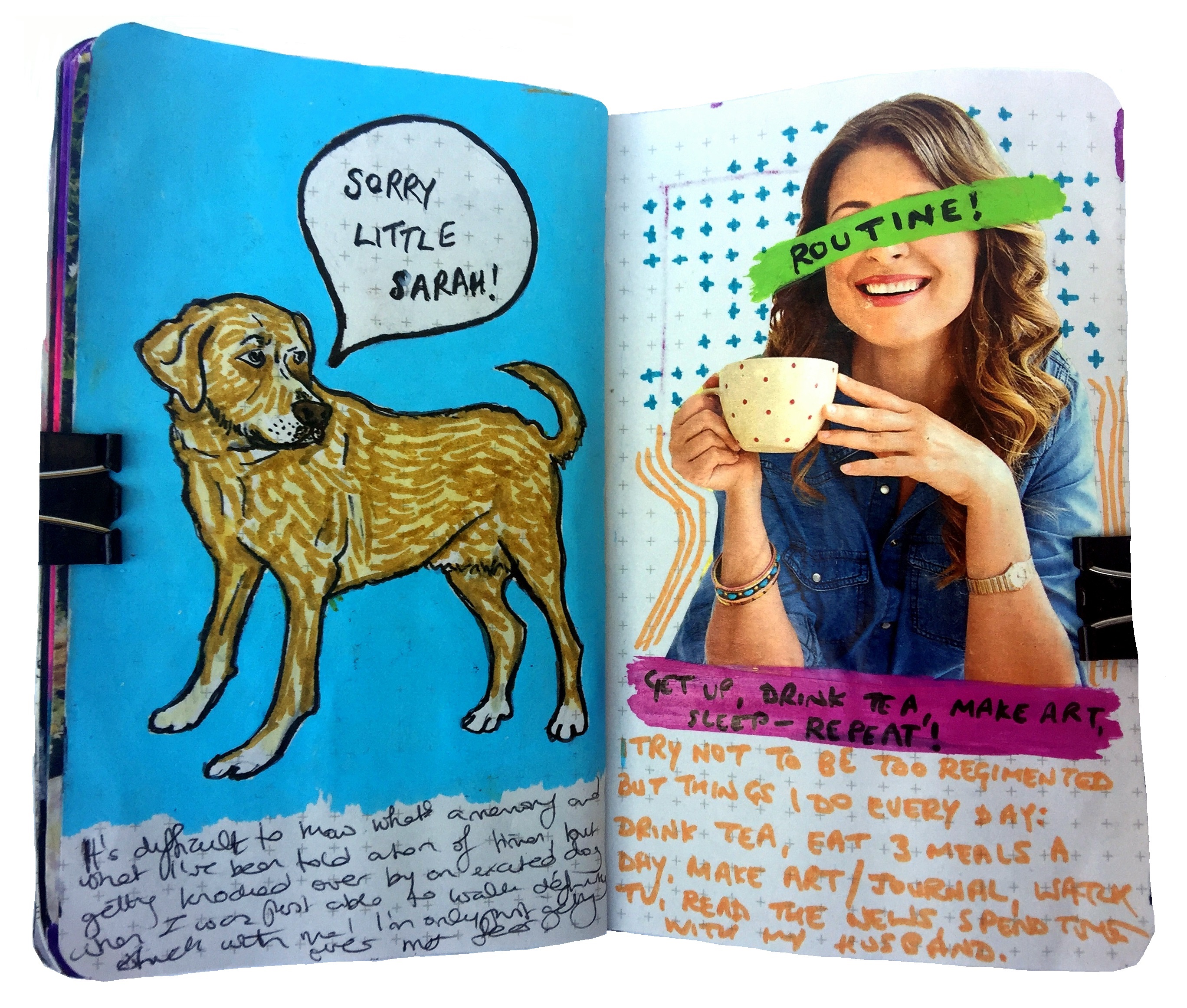 Days 240 and 241/365 of Year of Creative Habits. An art journal illustration about my earliest memory of a dog jumping on me and a collage about my routine.