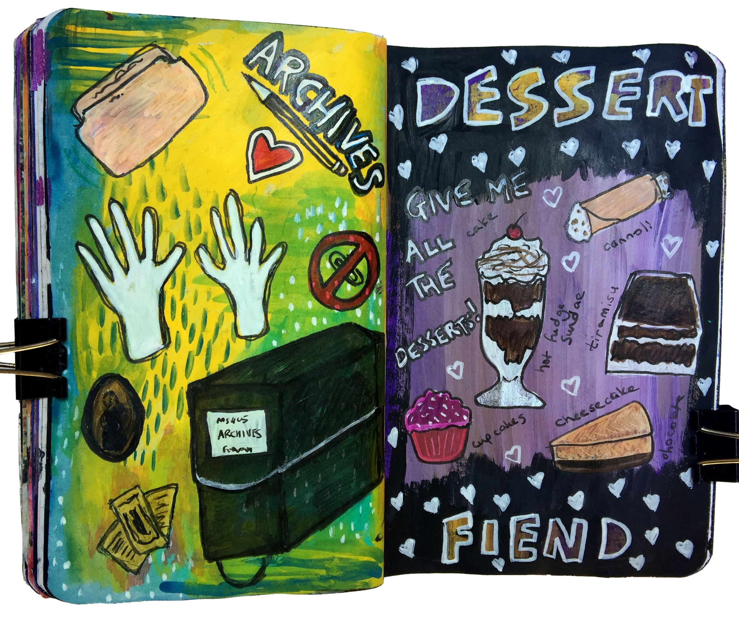 Days 312 and 313/365 of Year of Creative Habits. A mixed media art journal illustration about my career as an archivist and drawings of my favorite desserts.
