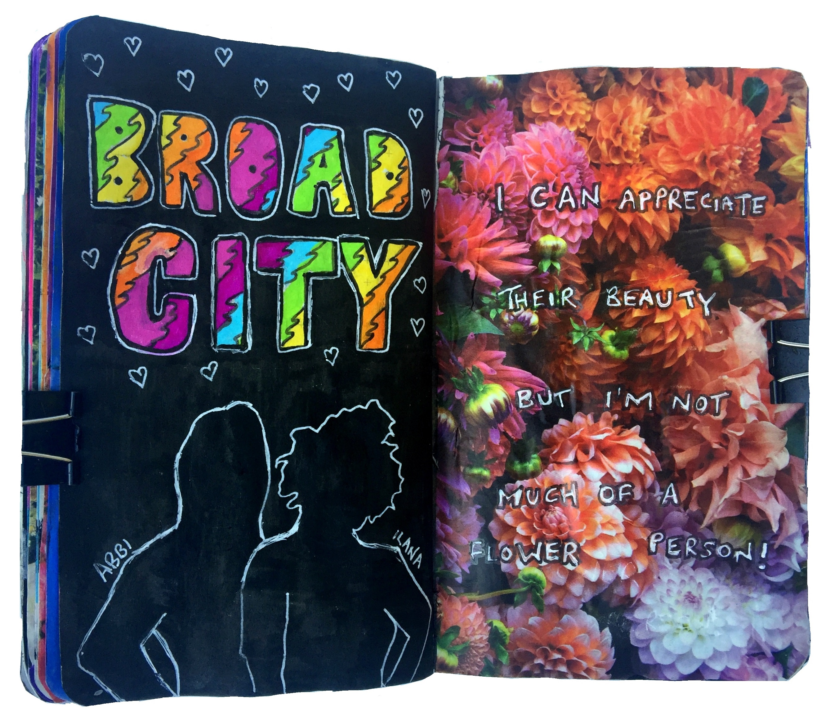 Day 253/365 of Year of Creative Habits. A mixed media art journal illustration of Abbi and Ilana from the TV show Broad City and a collage of flowers.