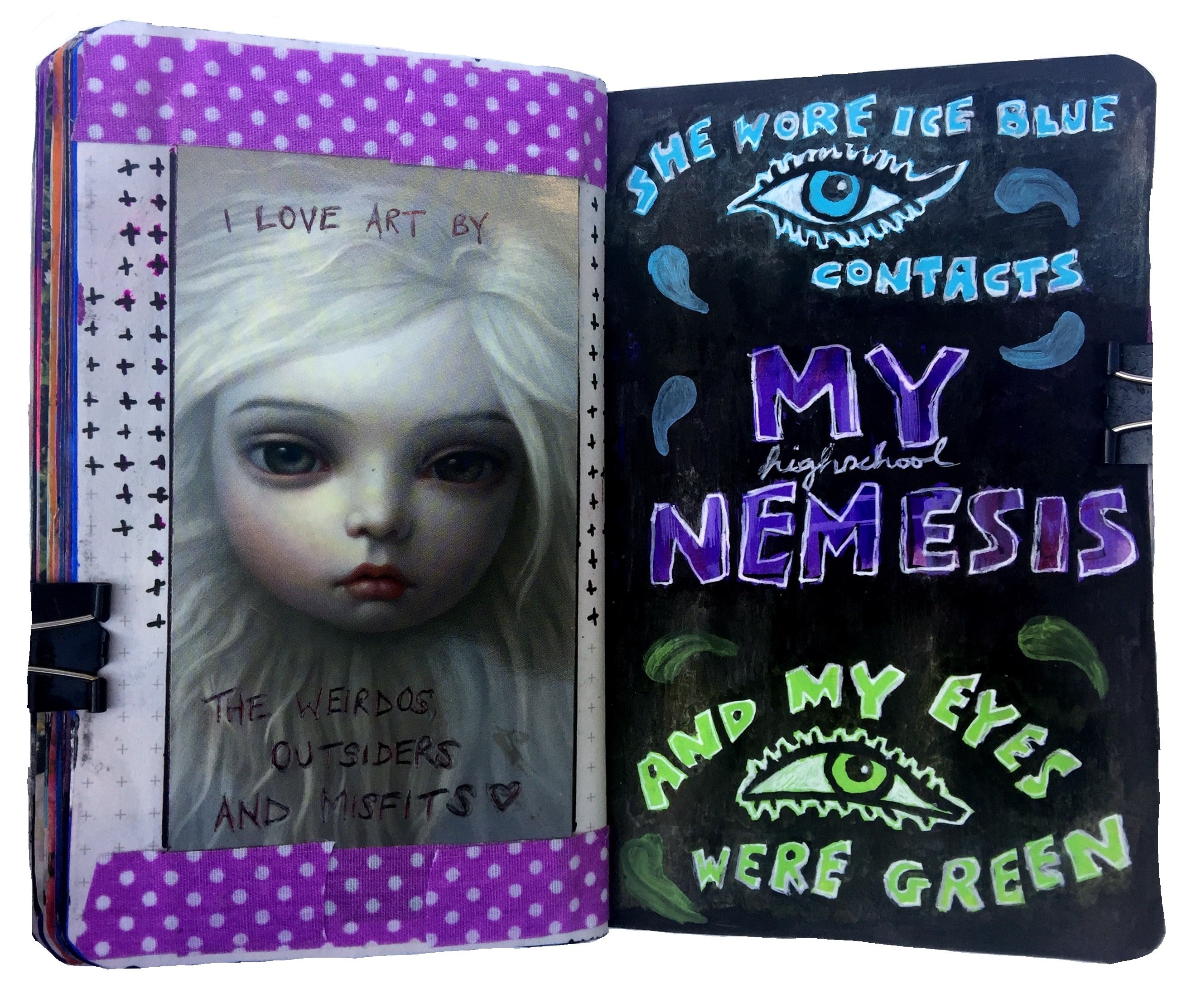 Day 264/365 of Year of Creative Habits. An art journal collage about art I strongly identify with, with a piece by Mark Ryden and the words I love art by the weirdos, outsiders, and misfits written around it and an illustration about my high school nemesis.