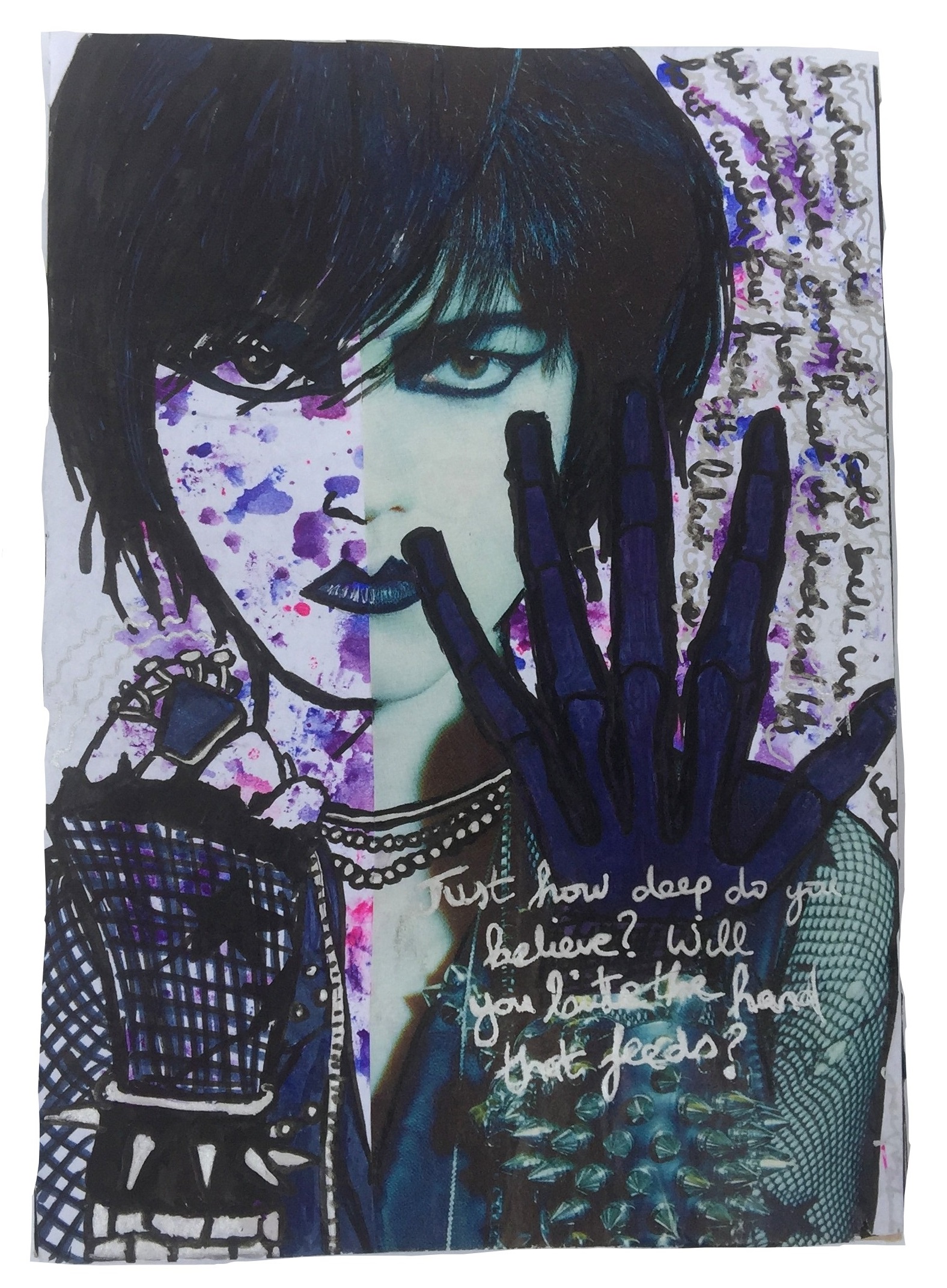 A mixed media art journal half-drawn and painted/half-collage of a goth woman with a purple skeleton hand with lyrics from The Hand That Feeds by Nine Inch Nails.