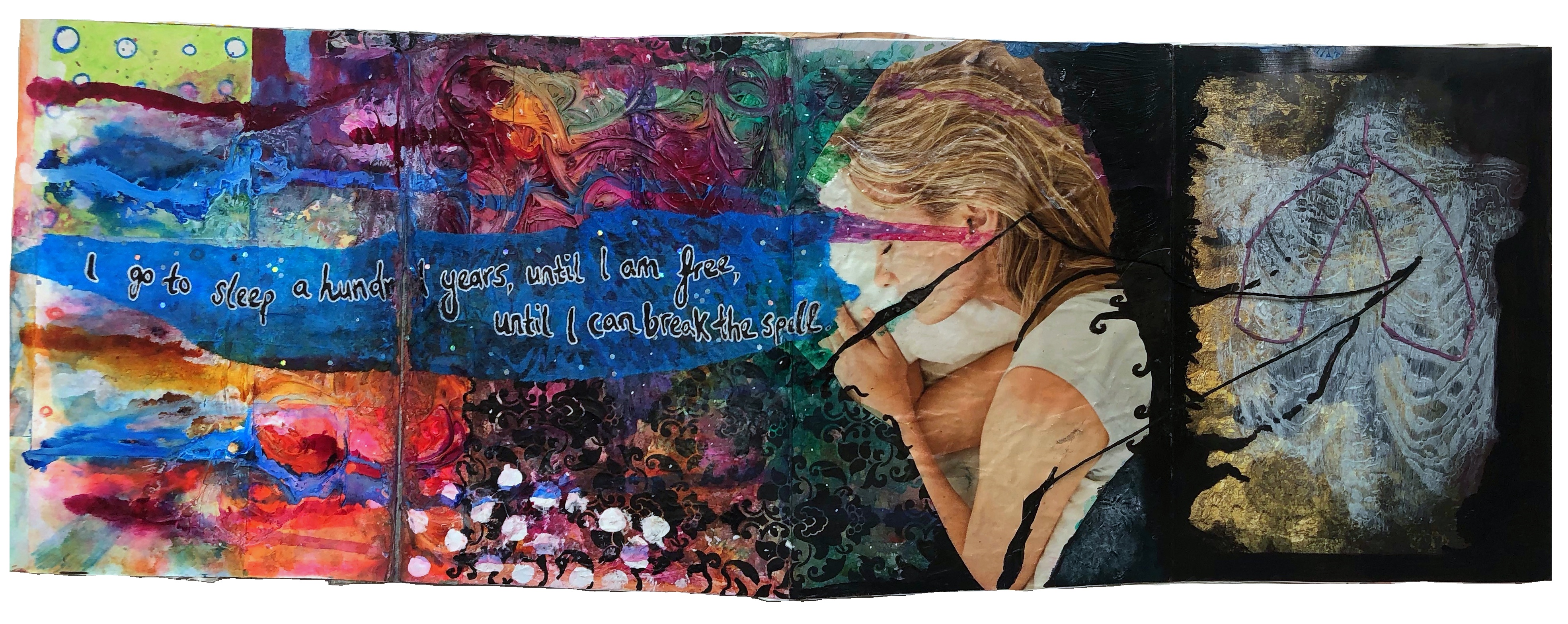 A mixed media fold-out art journal spread of an altered image of a woman dreaming in bright colors with lyrics by Windhand and thread attached from her heart to disembodied ribs and stitched lungs in the void.