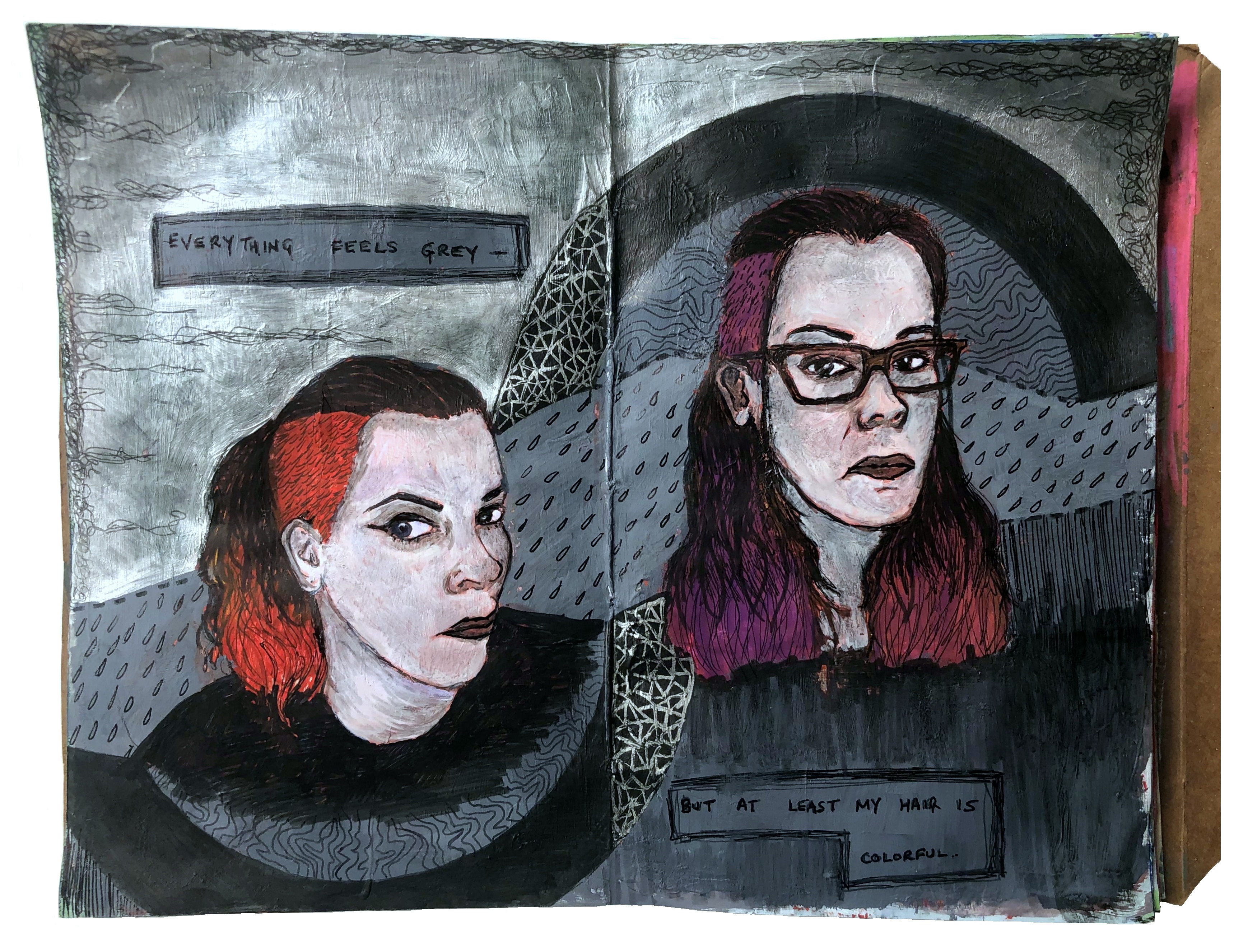 Mixed media art journal illustrations of myself with red and purple hair against a grey background of doodles and the words everything feels grey but at least my hair is colorful.