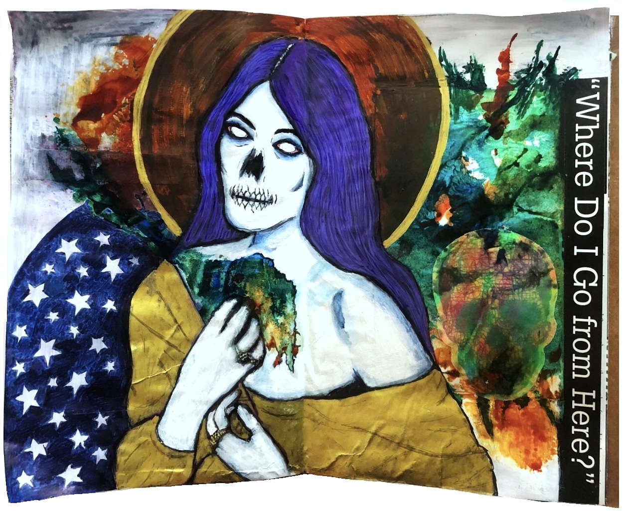 A mixed media art journal painting of a purple-haired skeletal woman holding her hands to her chest with paint splatters behind her and coming from her chest and the words Where do I go from here? next to her.