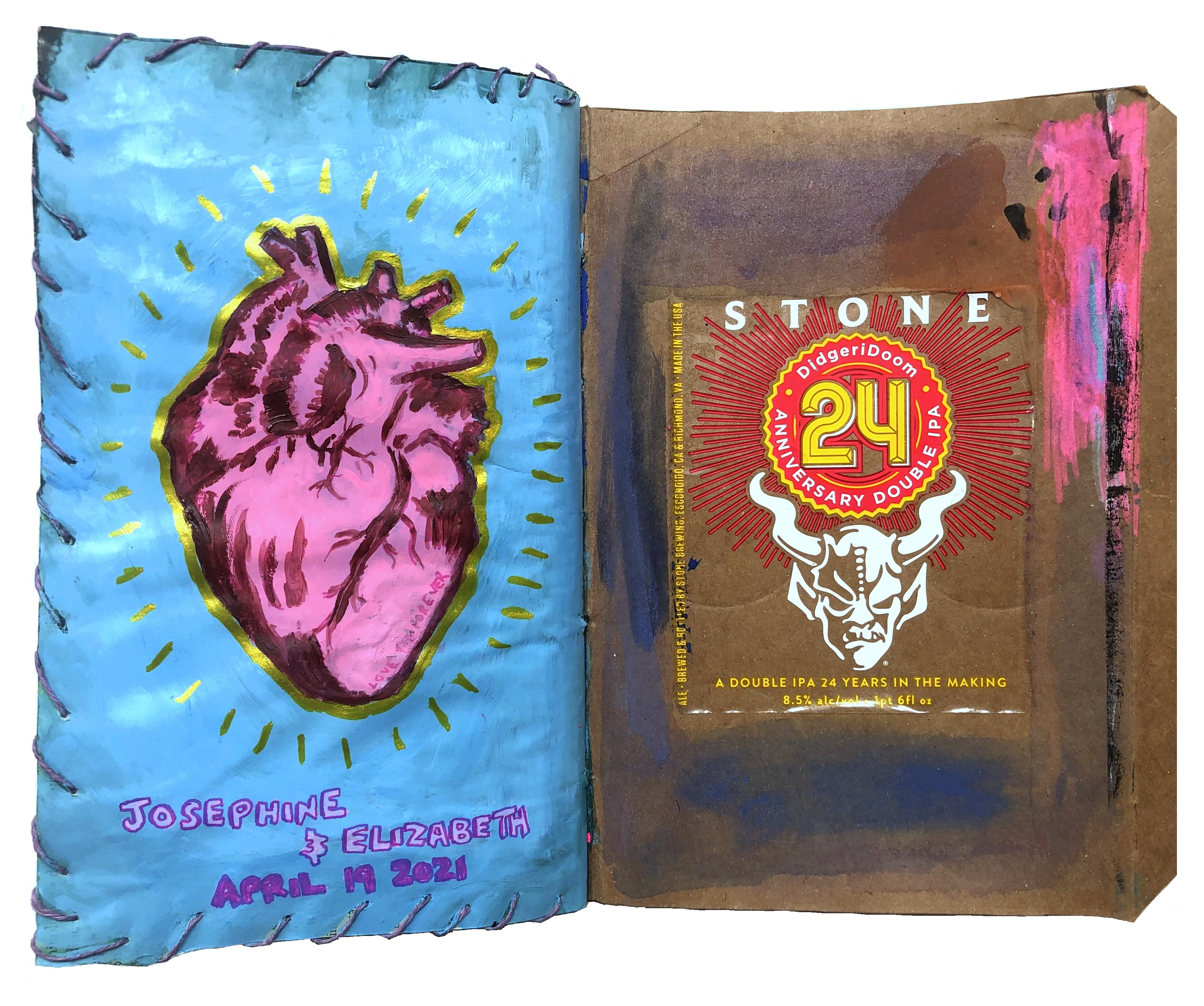 A mixed media art journal illustration of a pink anatomical heart as a tribute to my nieces.