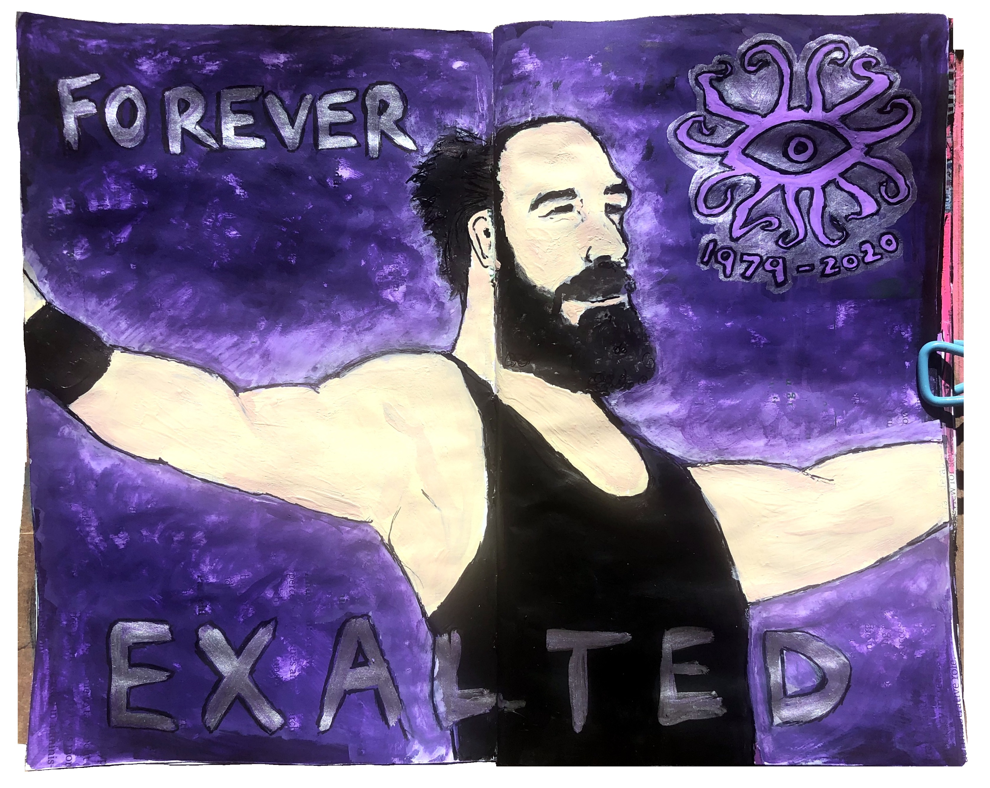 A mixed media art journal illustration of AEW wrestler Mr. Brodie Lee in tribute after he passed away.
