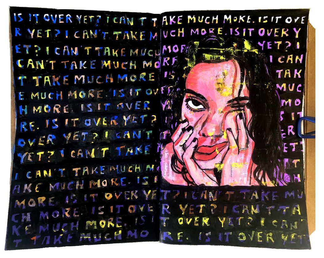 A mixed media art journal illustration of a woman squishing her face due to election anxiety.