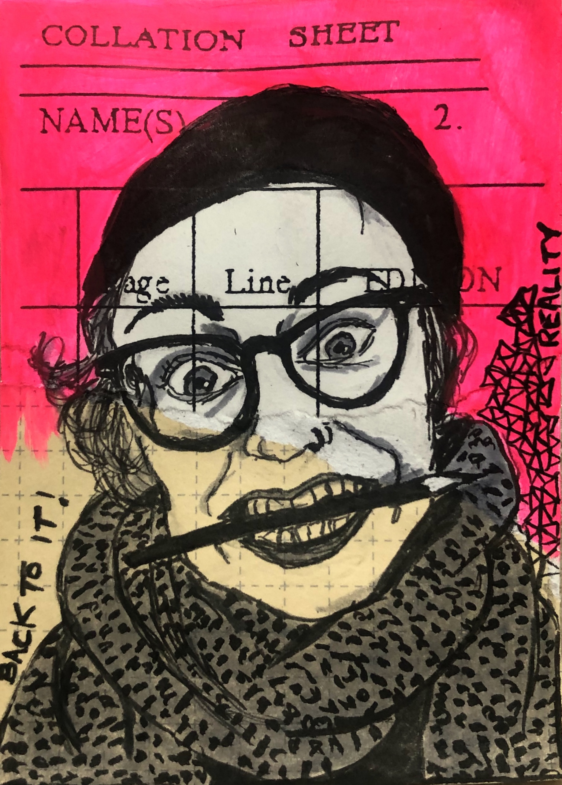 An art journal page with an illustrated portrait of a woman holding a pencil between her teeth. Reference is whereismyaardvark on the Museum by Sktchy app.