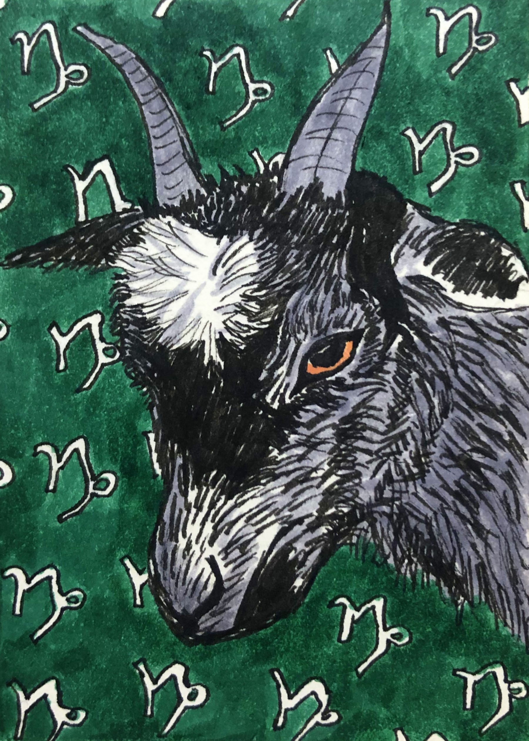 An art journal page with an illustration of a goat with a Capricorn sign background.