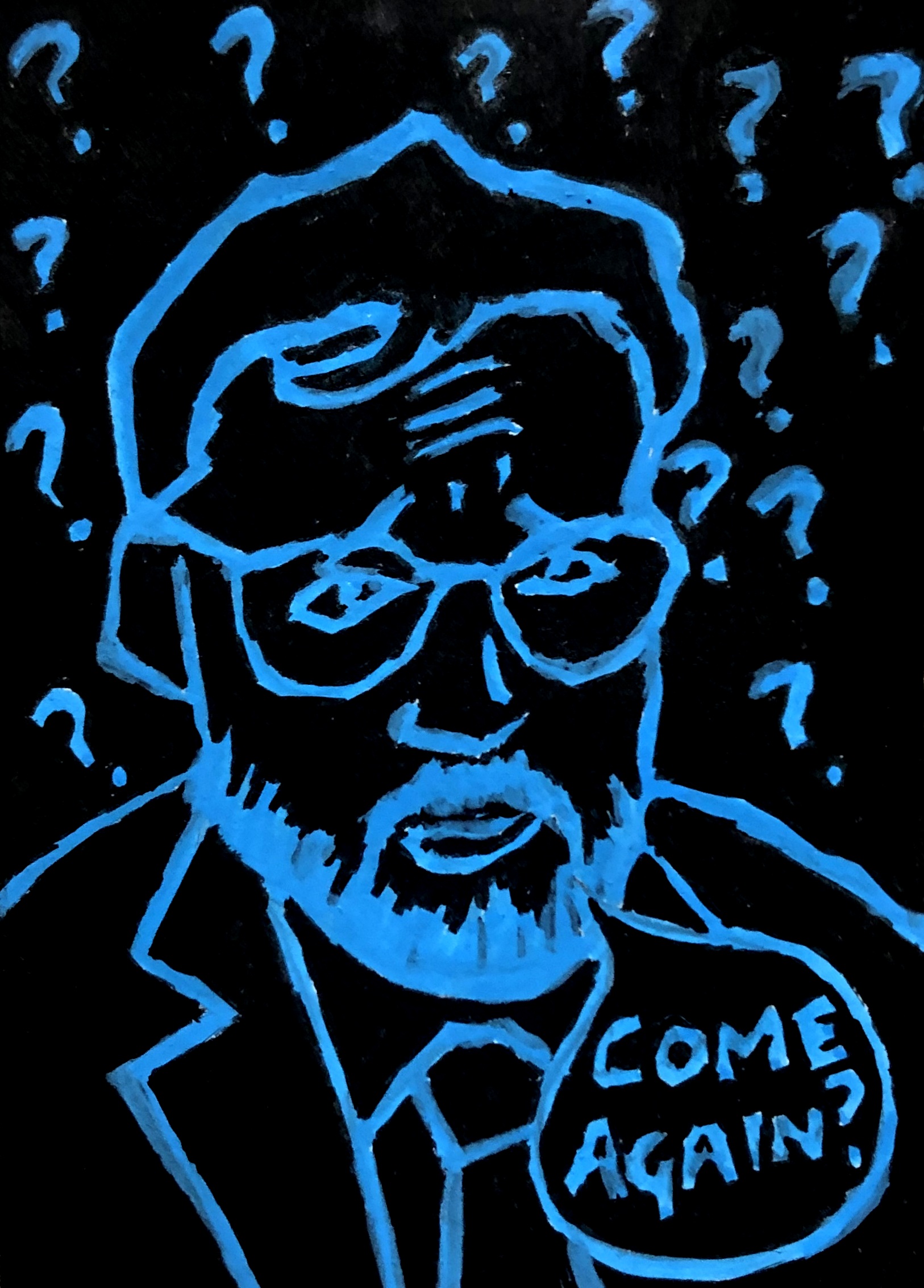 An art journal page with an illustration of comedian John Kearns on the TV show Guessable saying, Come again? with question marks surrounding him.