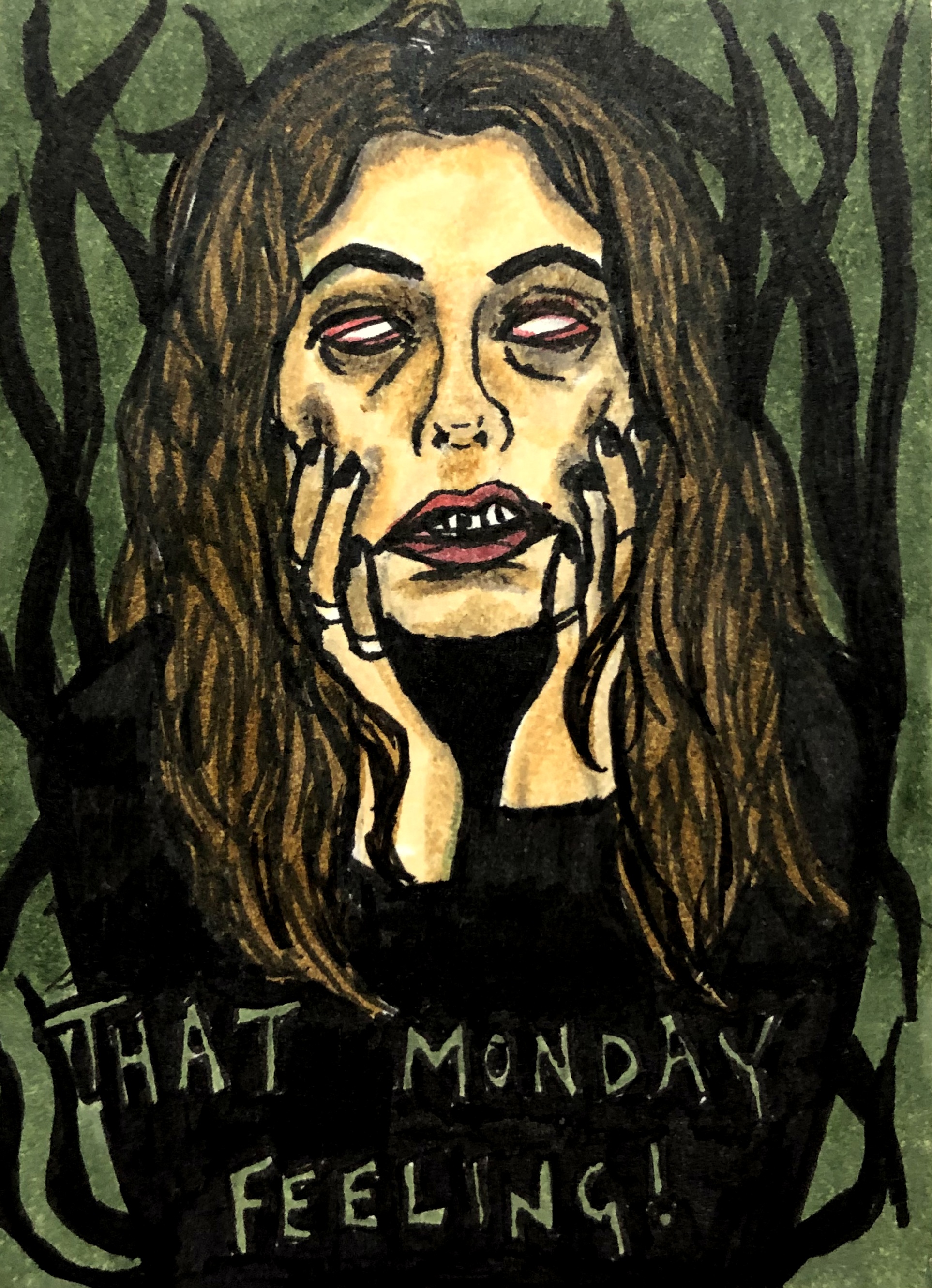An art journal page with an illustration of a distressed woman pulling down her face against a background with dark branches. Words underneath say, That Monday feeling!