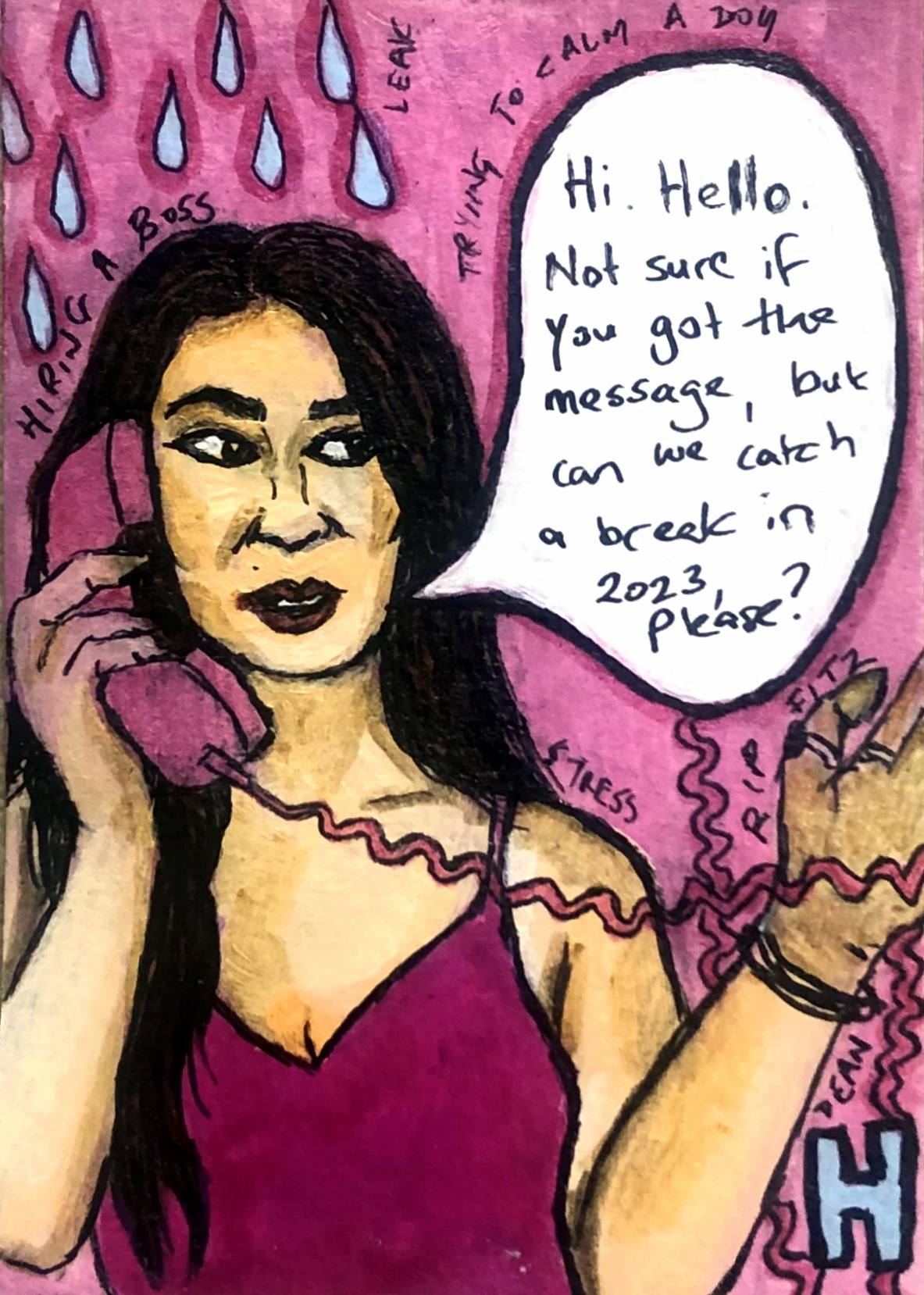 An art journal page with an illustration of a woman talking on a pink old fashioned phone asking for a break in 2023 from stressful/bad things.