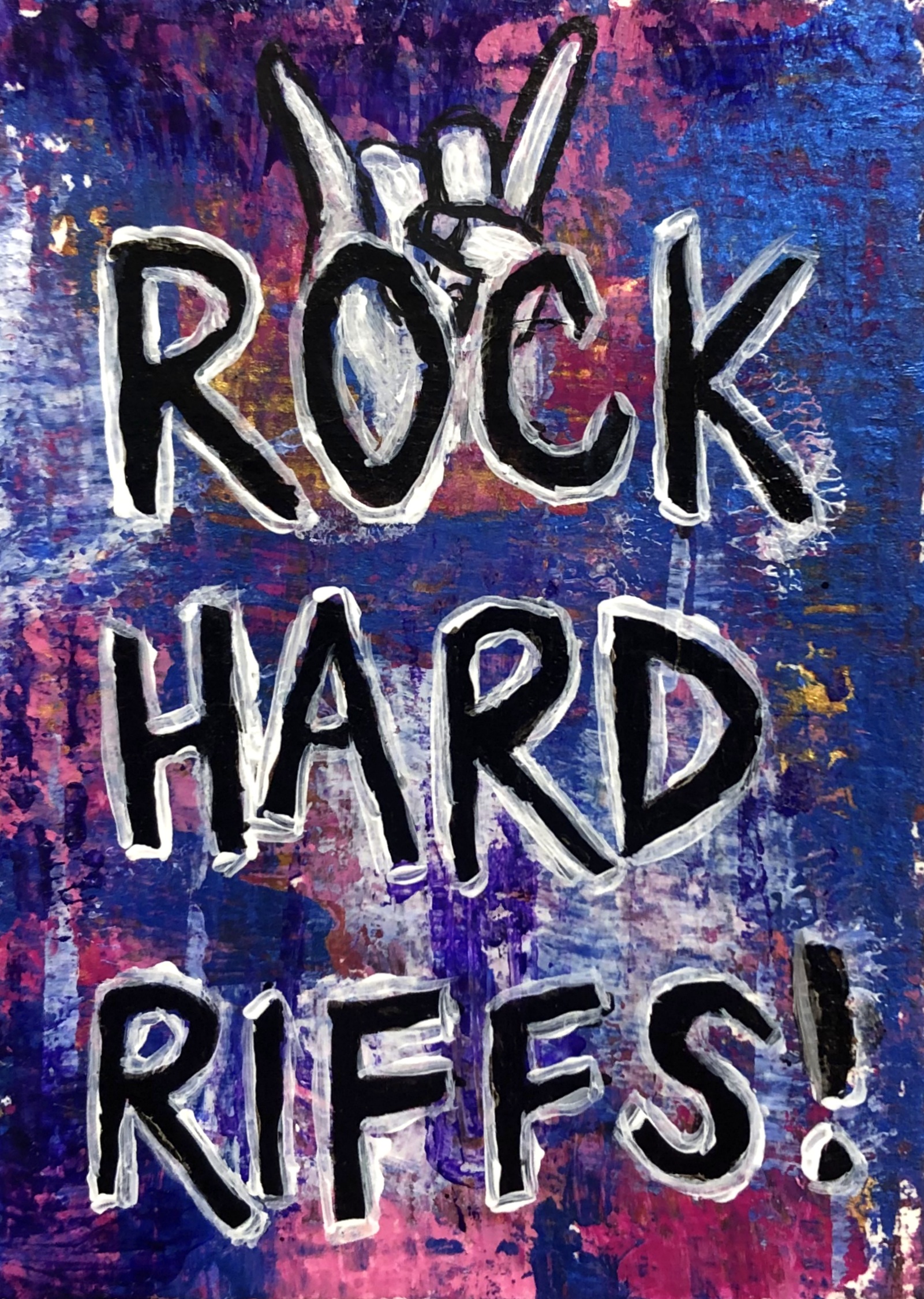 The words “Rock hard riffs!” against a messy painted background with a doodle of devil horns above.