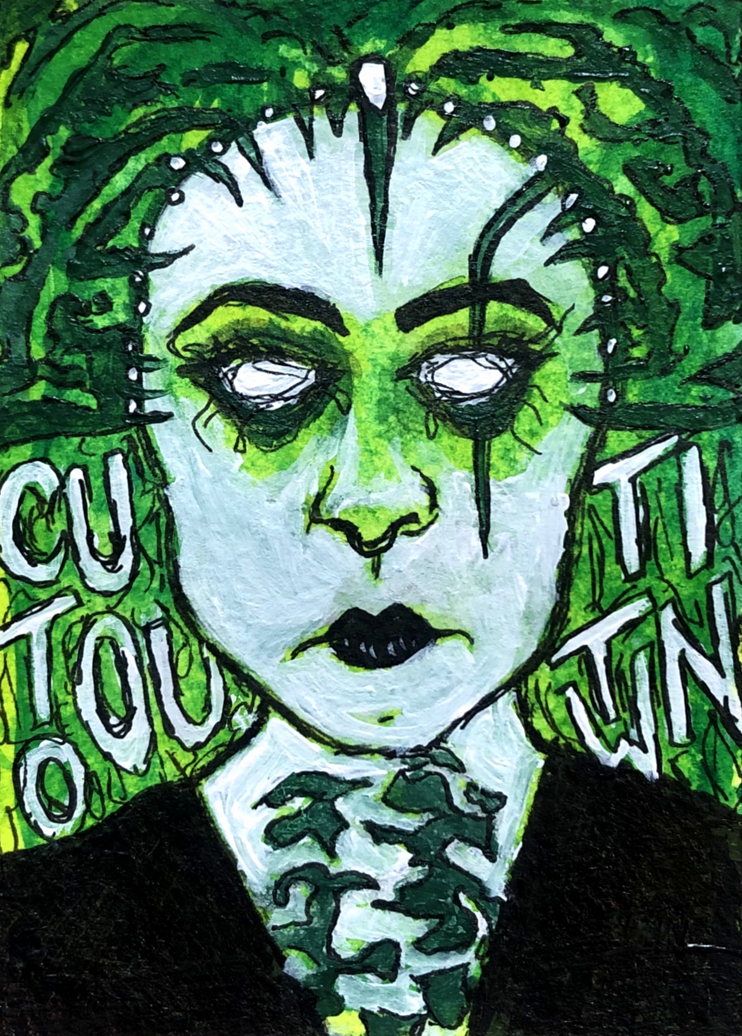 An illustration of a green alien-like woman.