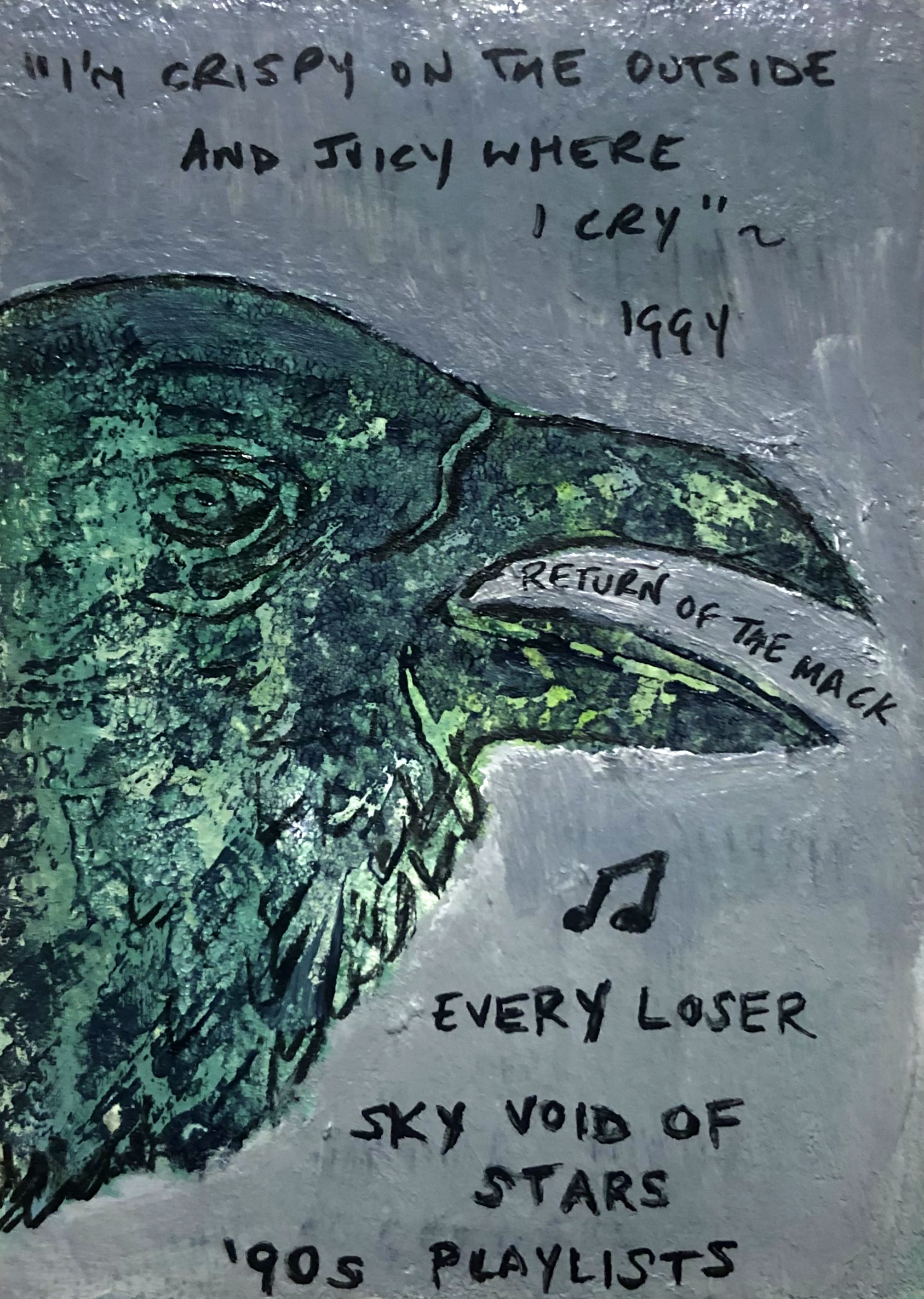 A handmade stamp of a crow with Iggy Pop lyrics and writing about music recently enjoyed.