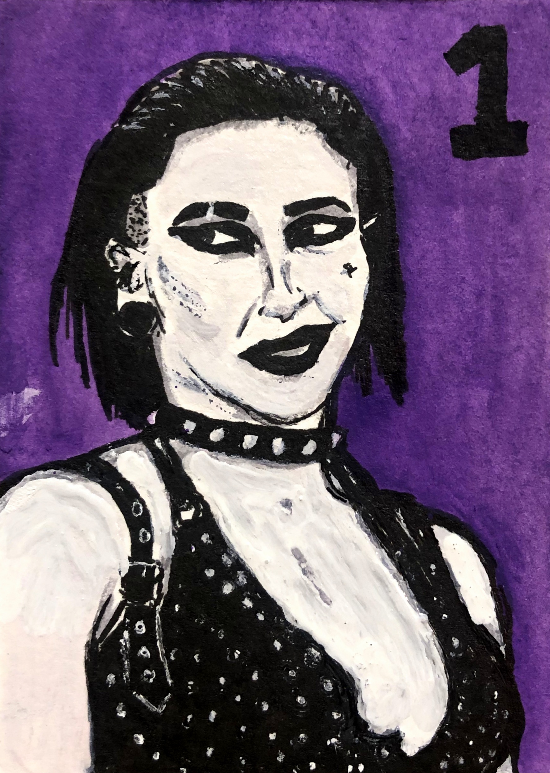 An illustrated portrait of WWE wrestler Rhea Ripley in black and white against a purple background with the number 1 in the corner.