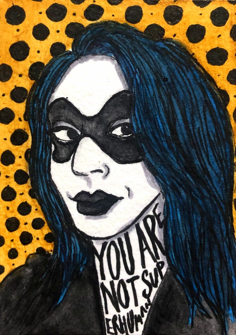 An illustration of a woman in a superhero mask with teal hair, words “you are not superhuman” on her neck. Loosely based on sylsdailysketches on the Museum by Sktchy app.