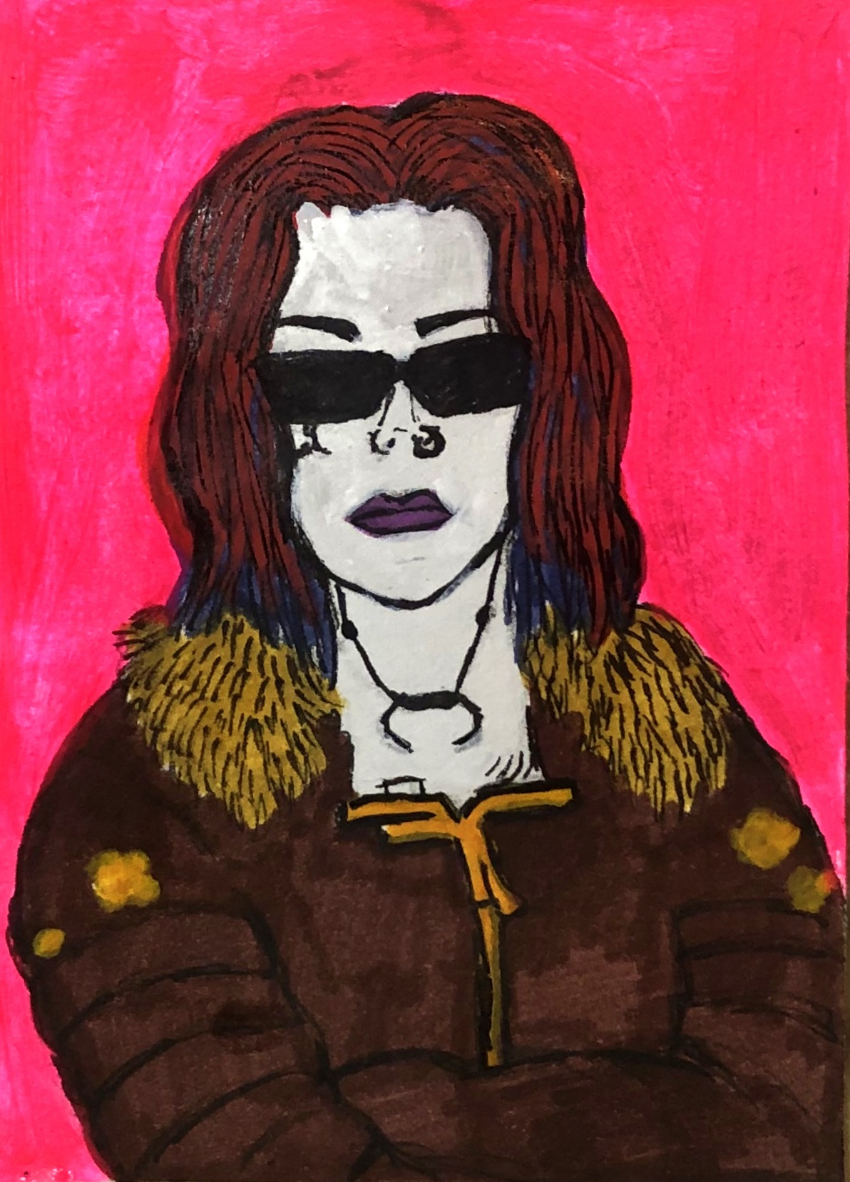 An illustration of myself as V in Cyberpunk 2077, created by my husband in the game.