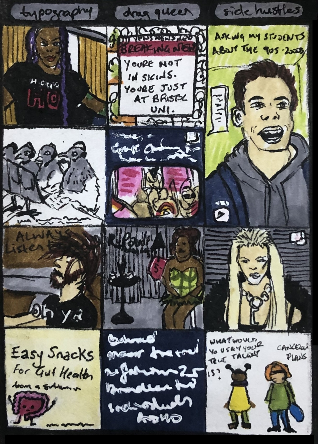 An illustration of my Instagram explore page. Prompt idea from YouTube, partially completed.