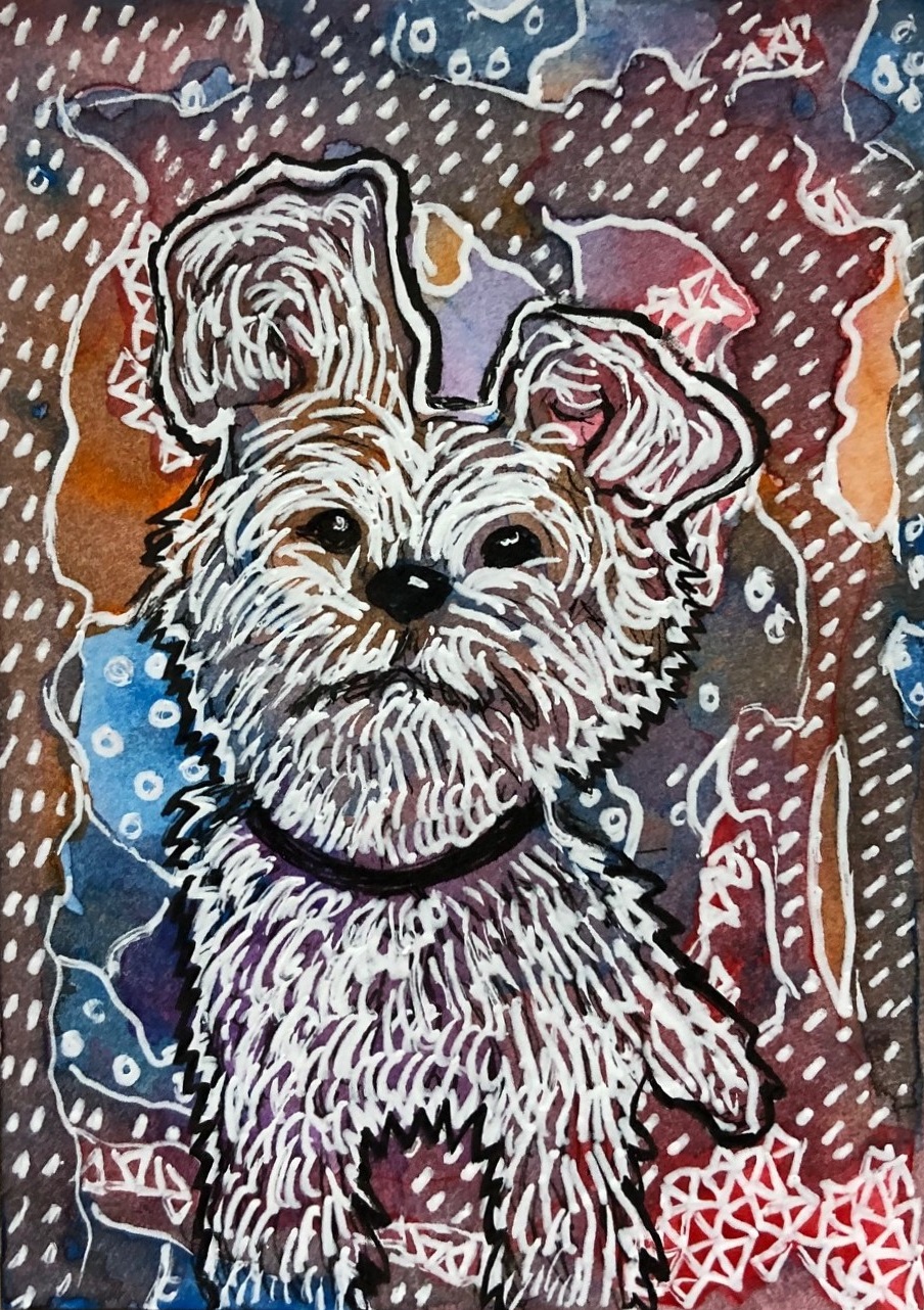 An illustration of a cute white dog I invented, with doodles around it.