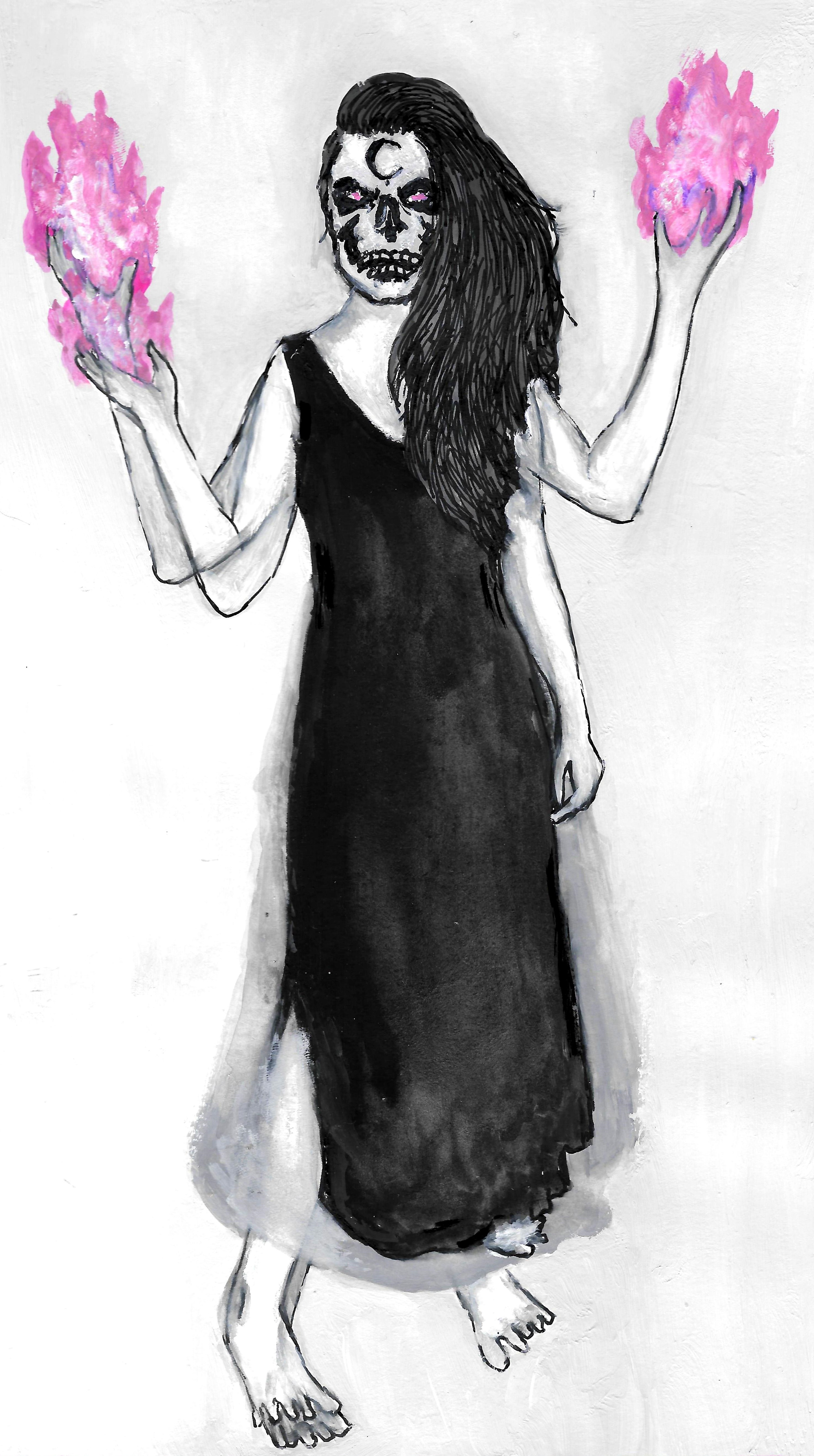 My entry for a DeviantArt Spookysona Contest. I was messing about with filters and double-exposure on my phone to conjure up a spookysona and came up with this skeletal-witch version of myself. I always enjoy spookifying portraits, and this was no different! I created the piece with gouache and ink on Strathmore mixed media paper.