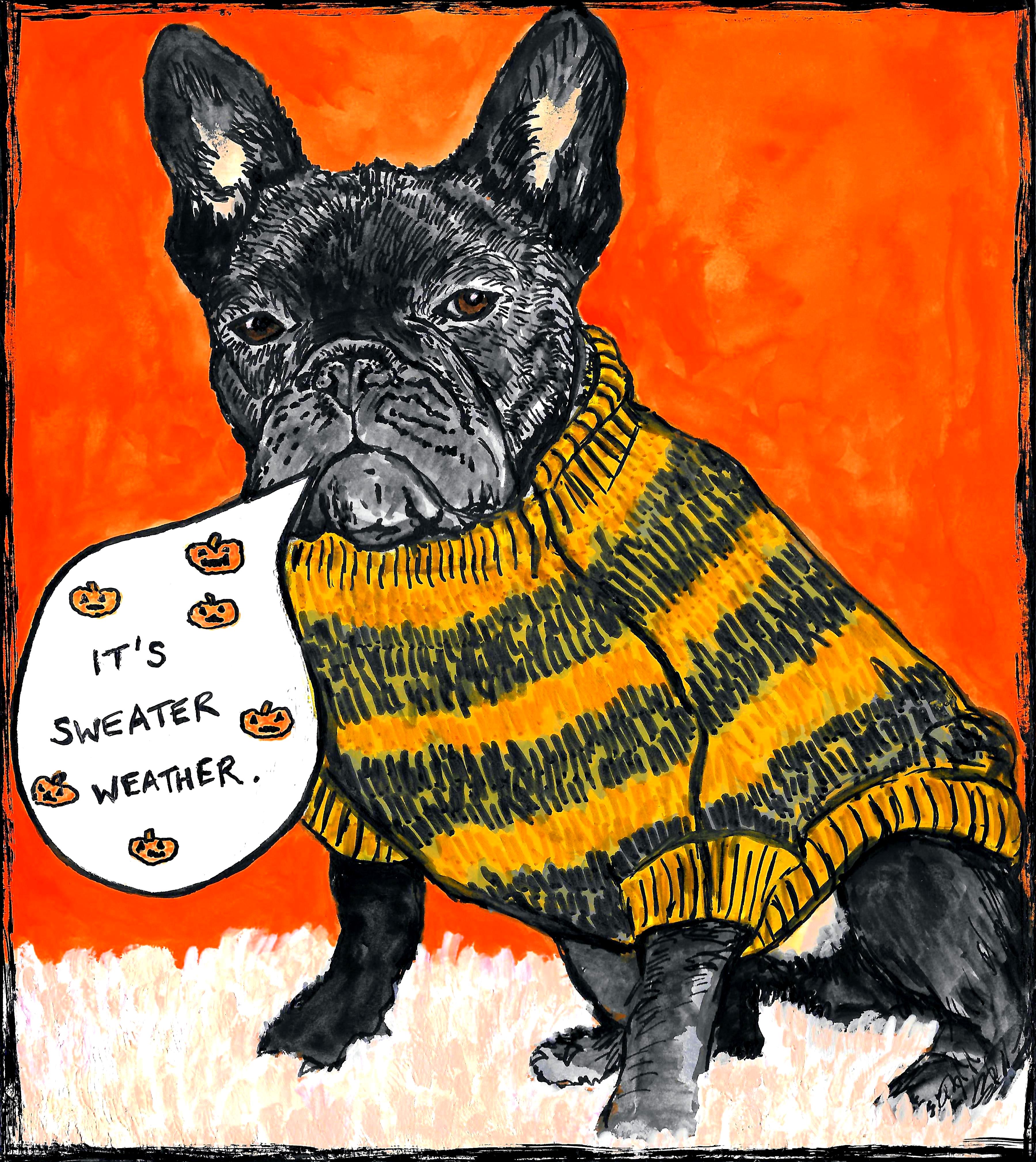 My entry for a DeviantArt Art Challenge. I was born and raised in the UK, so Autumn makes me think of warm sweaters (jumpers to us Brits), crunchy leaves, the smell of bonfires, and snuggling up with a hot cup of tea as the nights draw in. Autumn doesn’t feel the same since I moved to California, but we can pretend it’s sweater weather like this grumpy looking pup! The drawing is based on a reference photograph I found on the Sktchy app. I created the piece with gouache, acrylic markers, and ink on Strathmore mixed media paper.