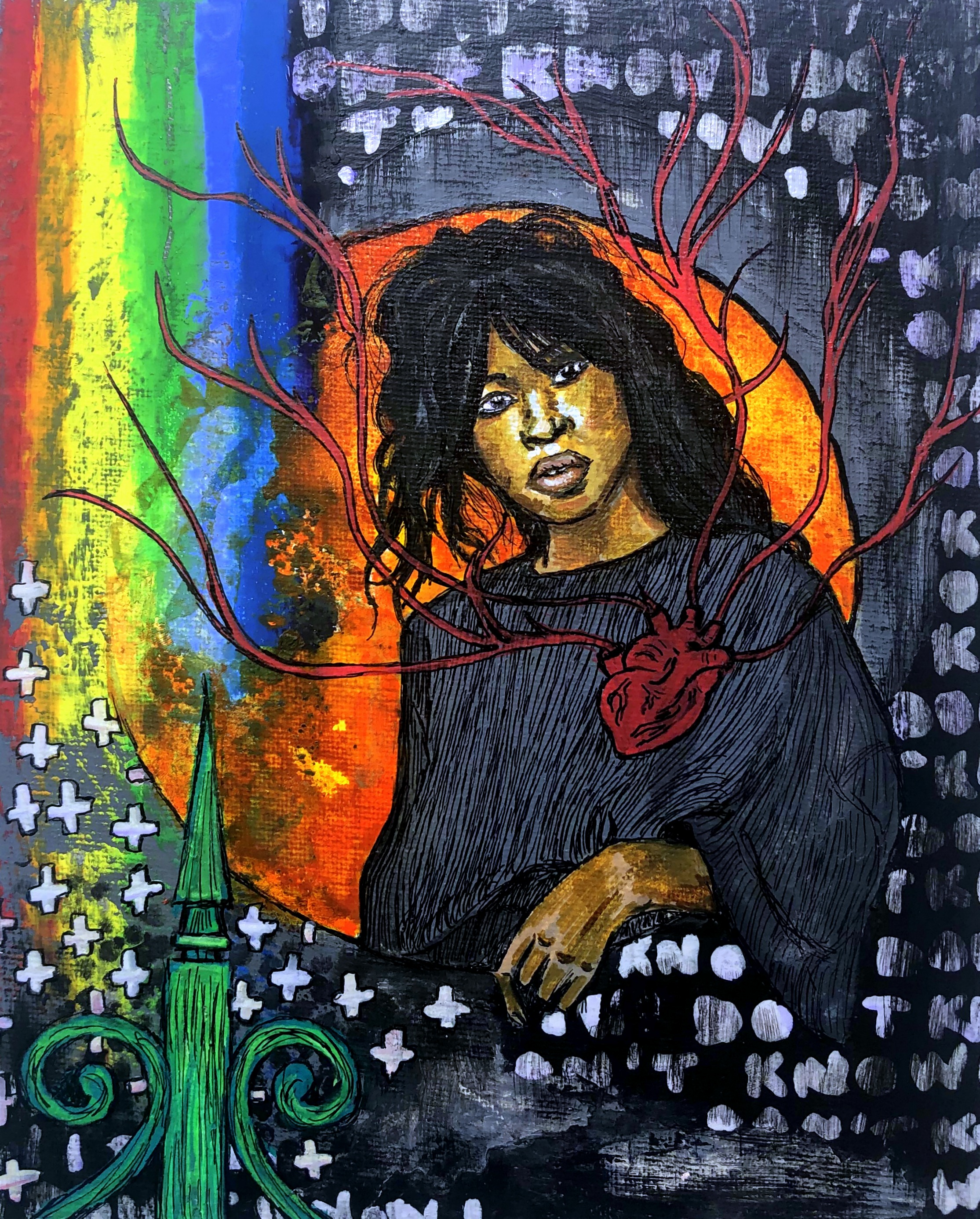 A portrait painting for a challenge on DeviantArt. 8×10 mixed media (acrylic, gouache, ink) on canvas.