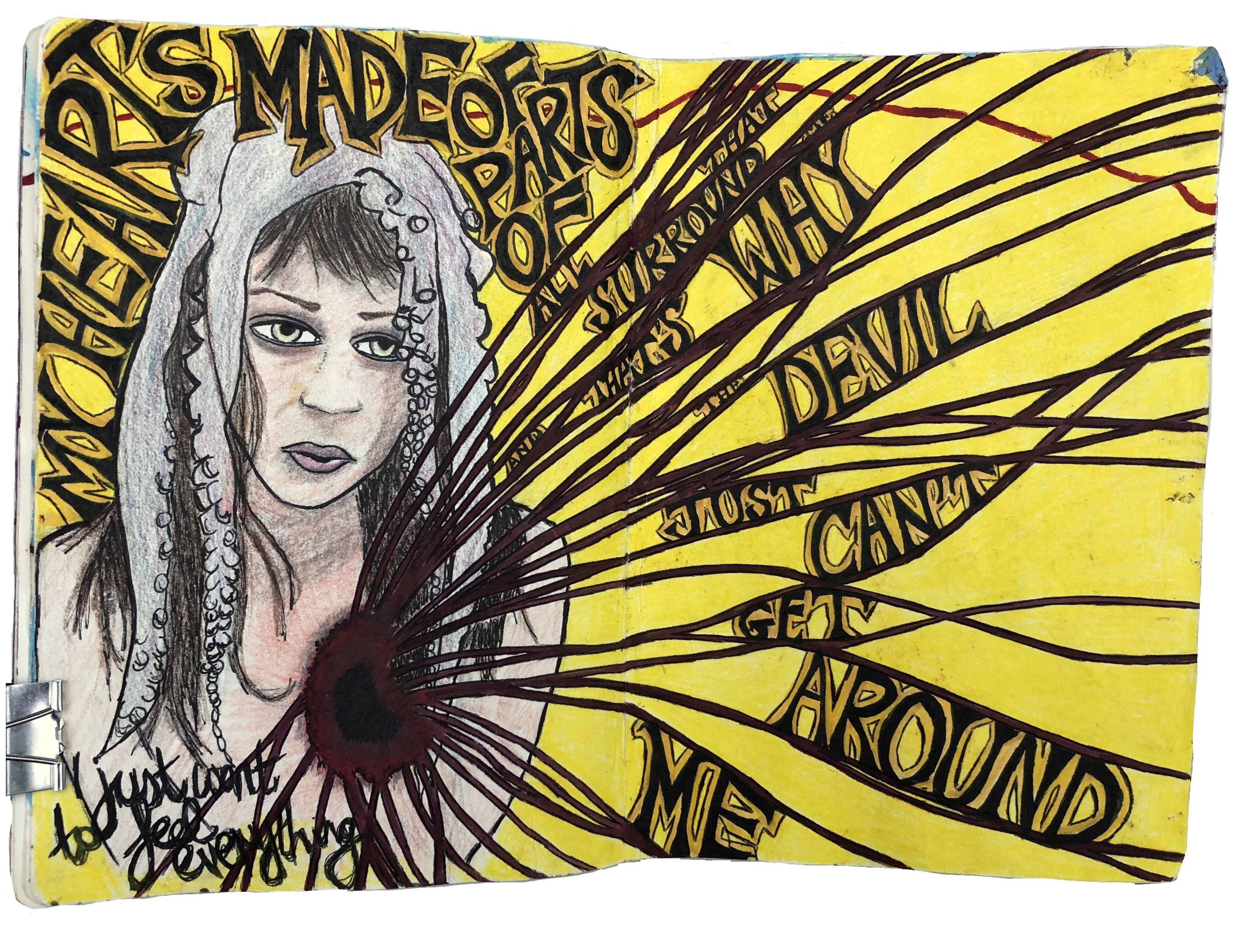 A mixed media art journal illustration of Fiona Apple with a squid on her head and a wound in her chest with lyrics from the song Every Single Night coming out of it.