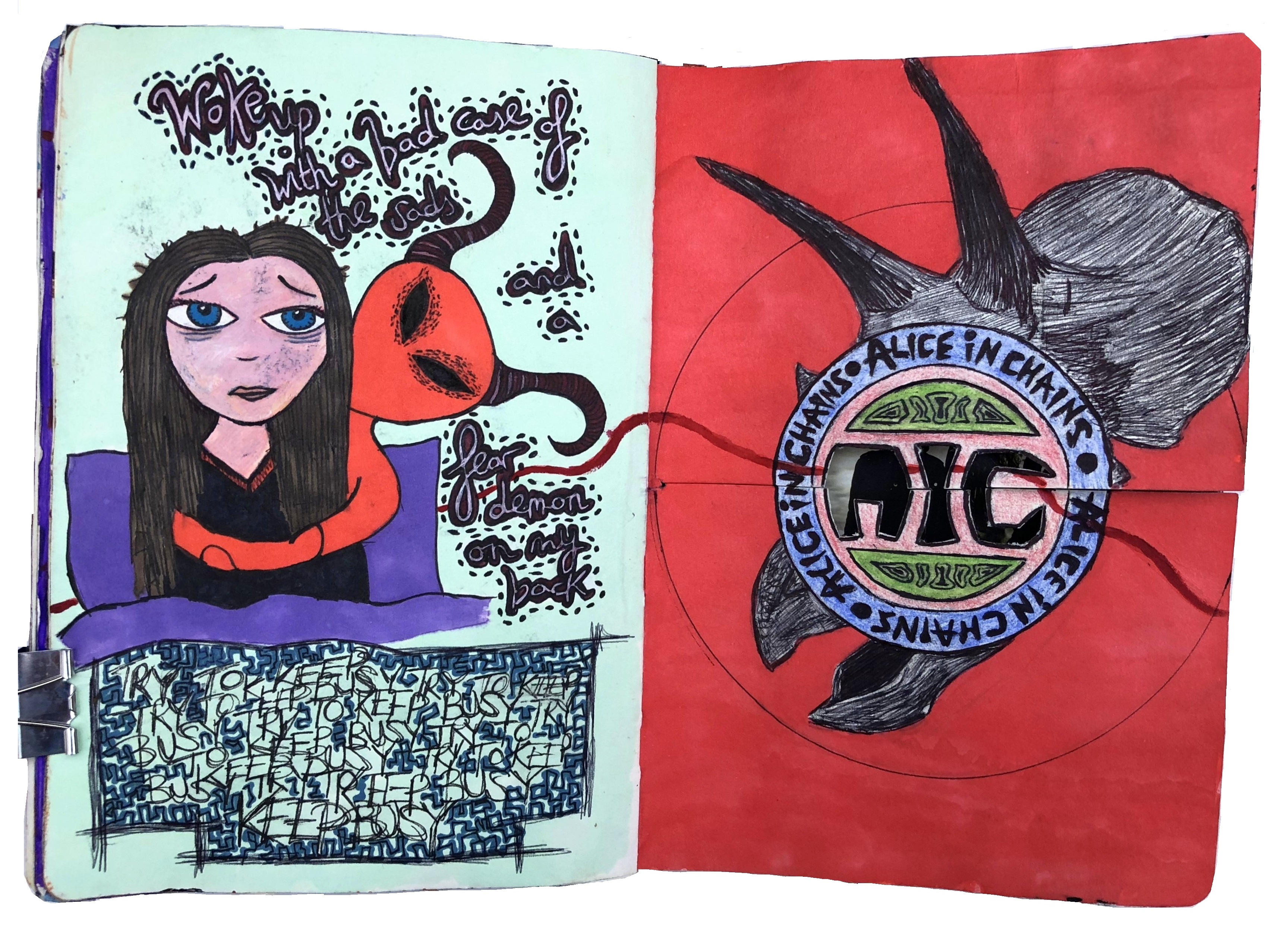 A mixed media art journal illustration of myself in bed looking sad with a demon on my back and a drawing of the dinosaur from the Alice in Chains album The Devil Put Dinosaurs Here (and old AIC logo).