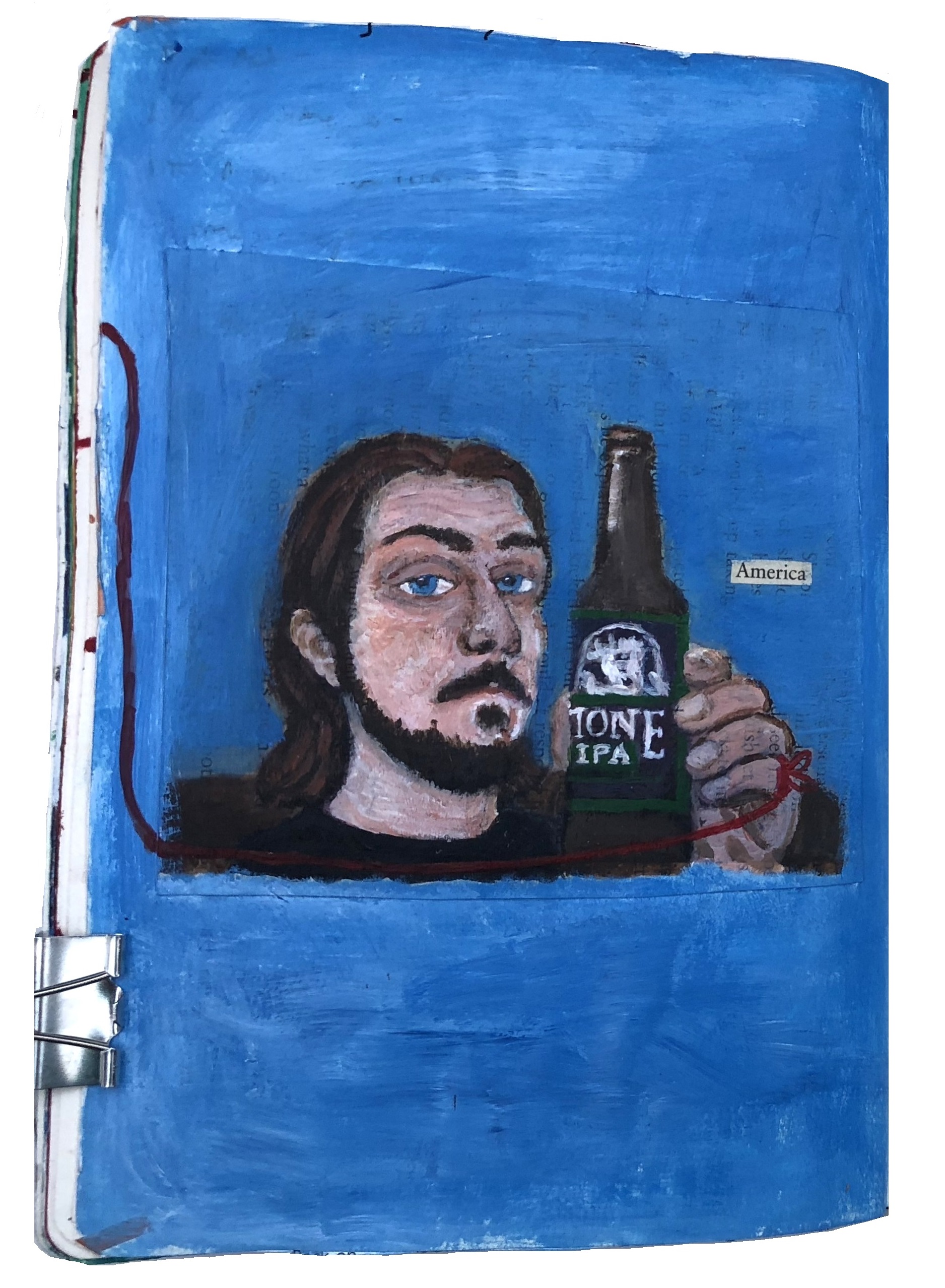 A mixed media art journal portrait of my boyfriend (now-husband) holding a beer with the red string of fate attached to his pinky finger and the word America next to him.