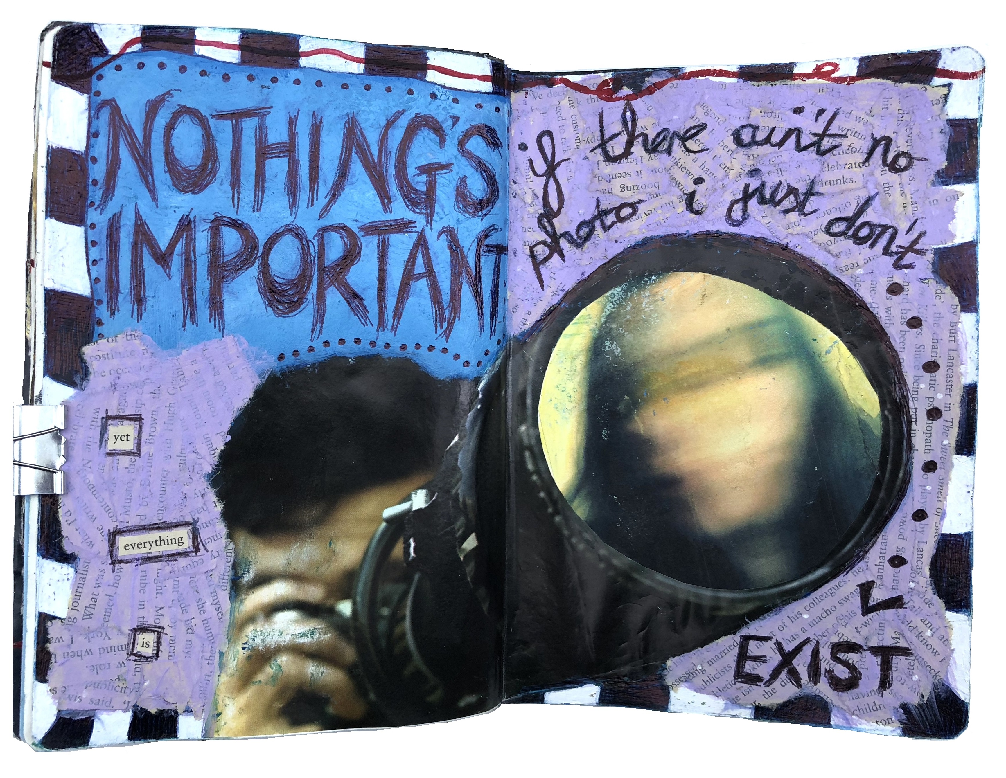 A mixed media art journal collage of a man with a camera with my blurred face in the lens and lyrics by Monster Magnet.