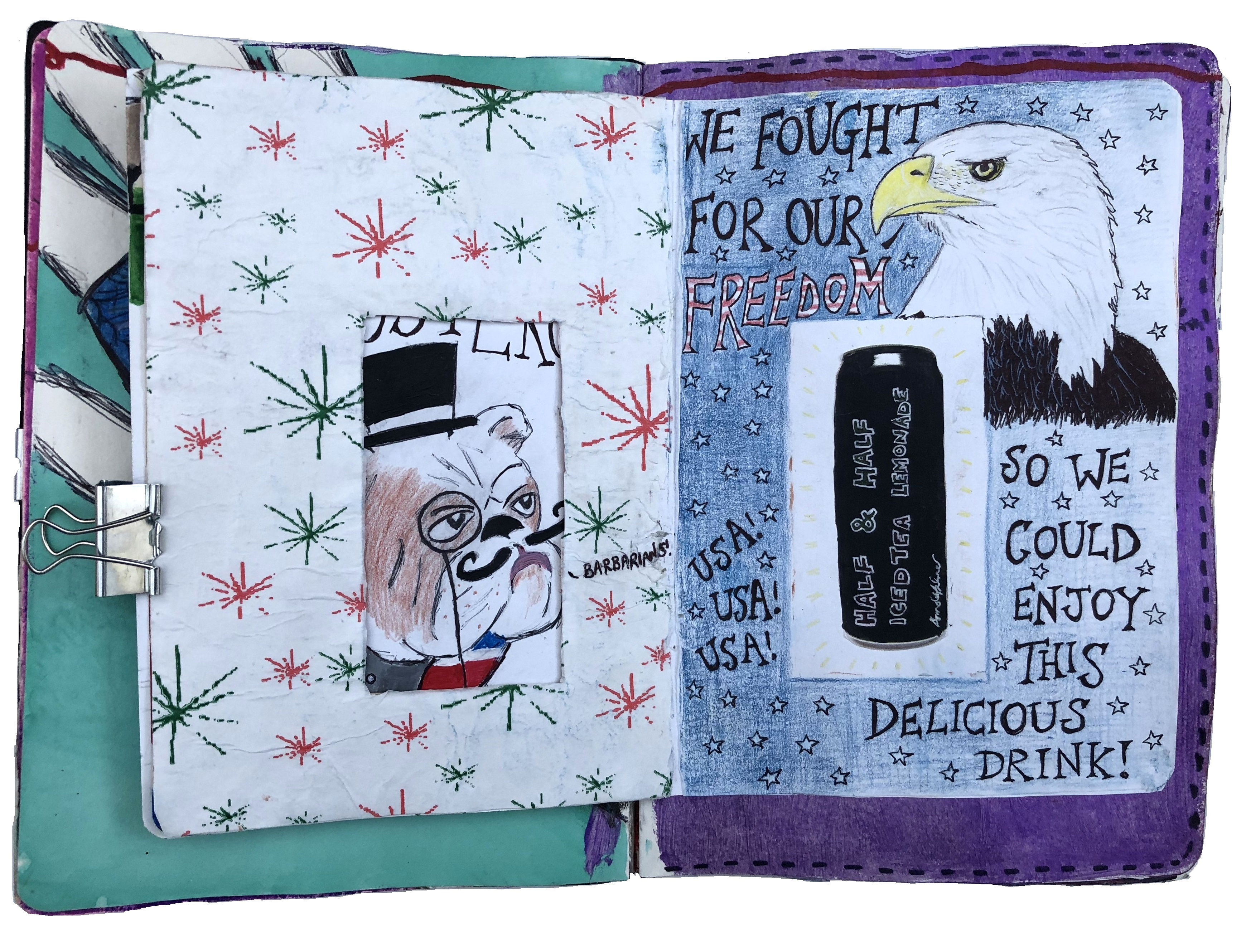 A mixed media art journal illustration of a British bulldog looking through a window at an American Eagle being patriotic for the incomplete Sketchbook Project.