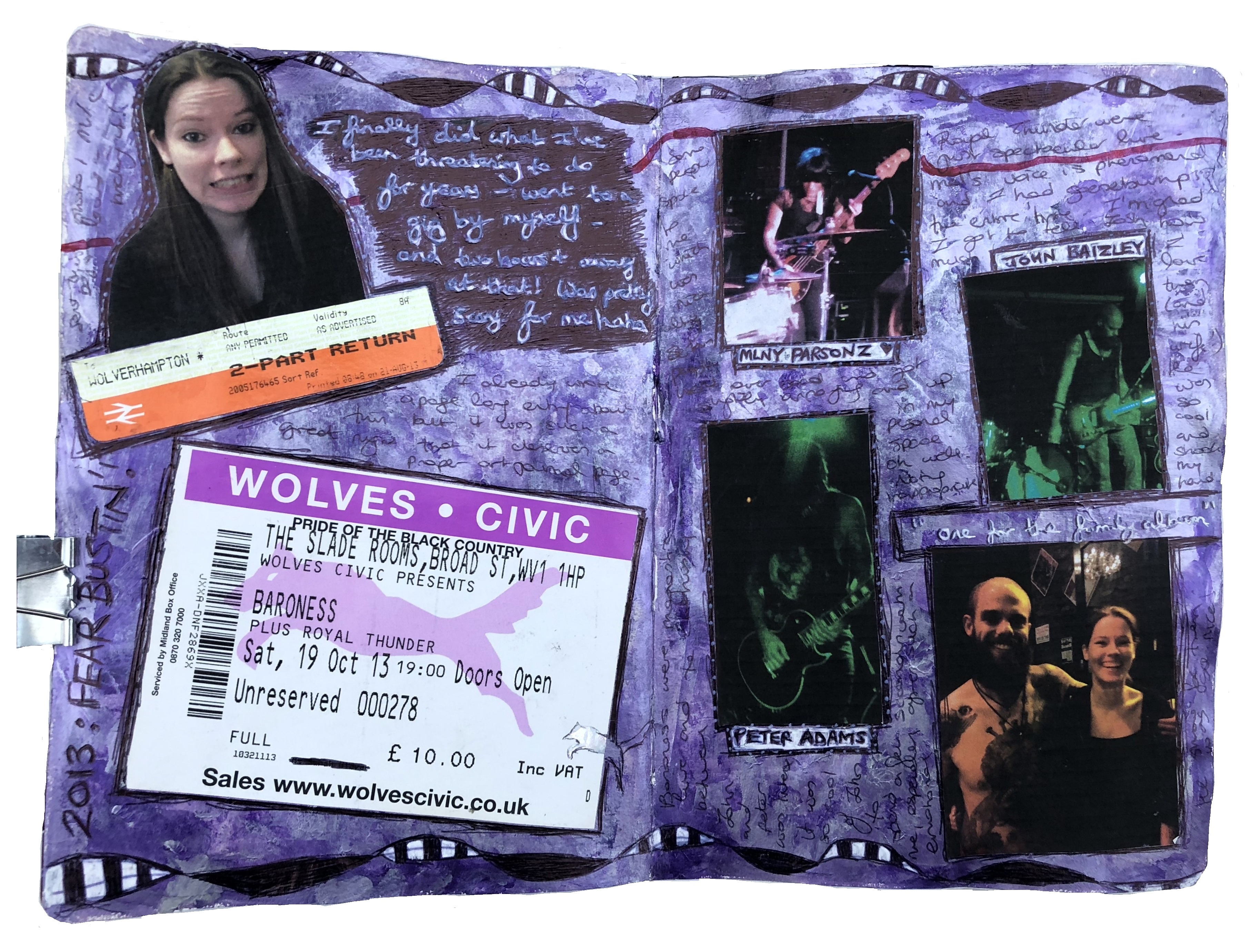 A mixed media art journal page documenting going to see Baroness and Royal Thunder by myself, with photos of the band and me meeting John Baizley.