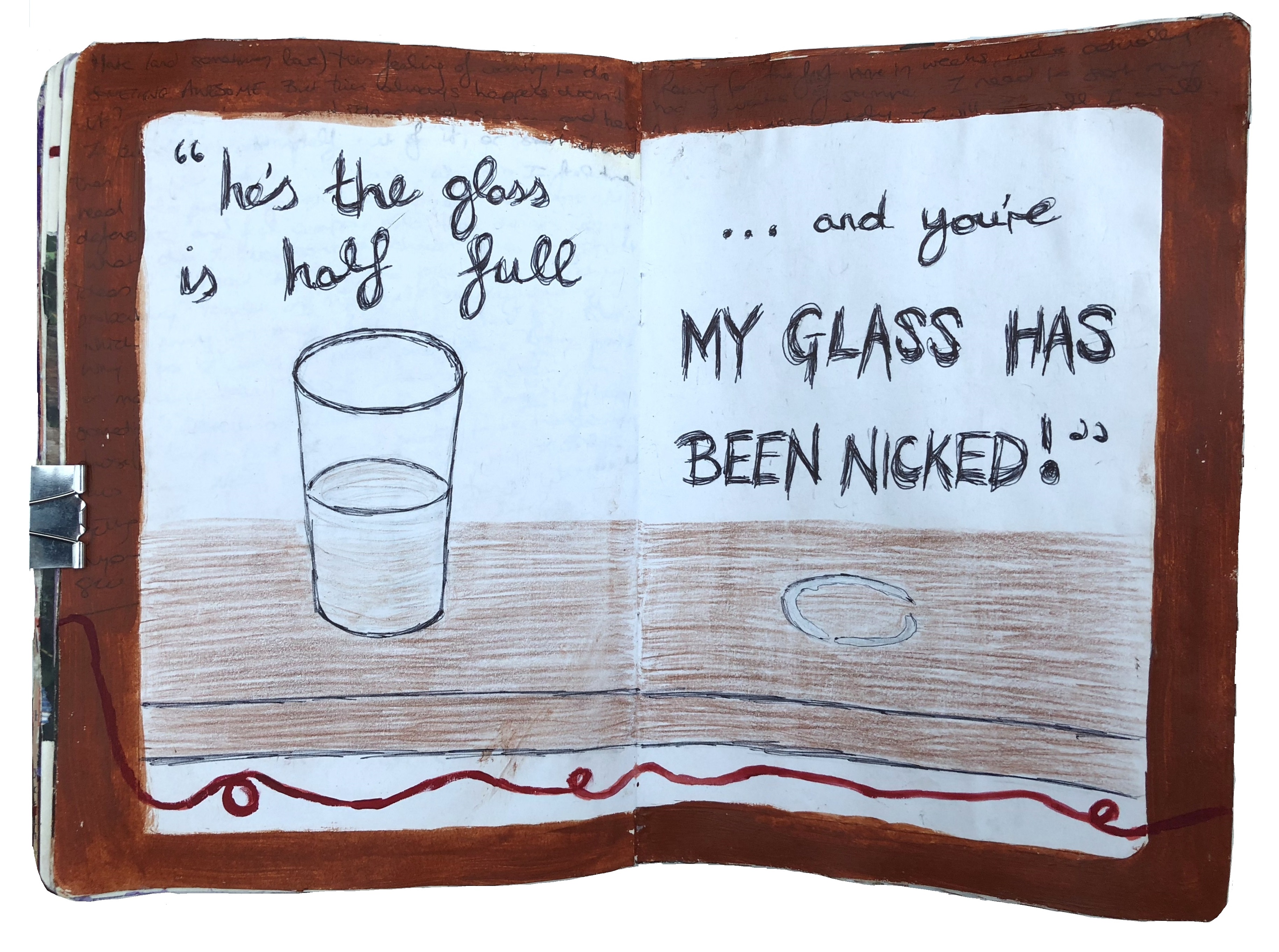 A mixed media art journal illustration of a glass of water on a table and an empty space where a glass of water had been with a quote from a friend regarding my views and my then-boyfriend's (now husband) views on life. Originally for The Sketchbook Project.