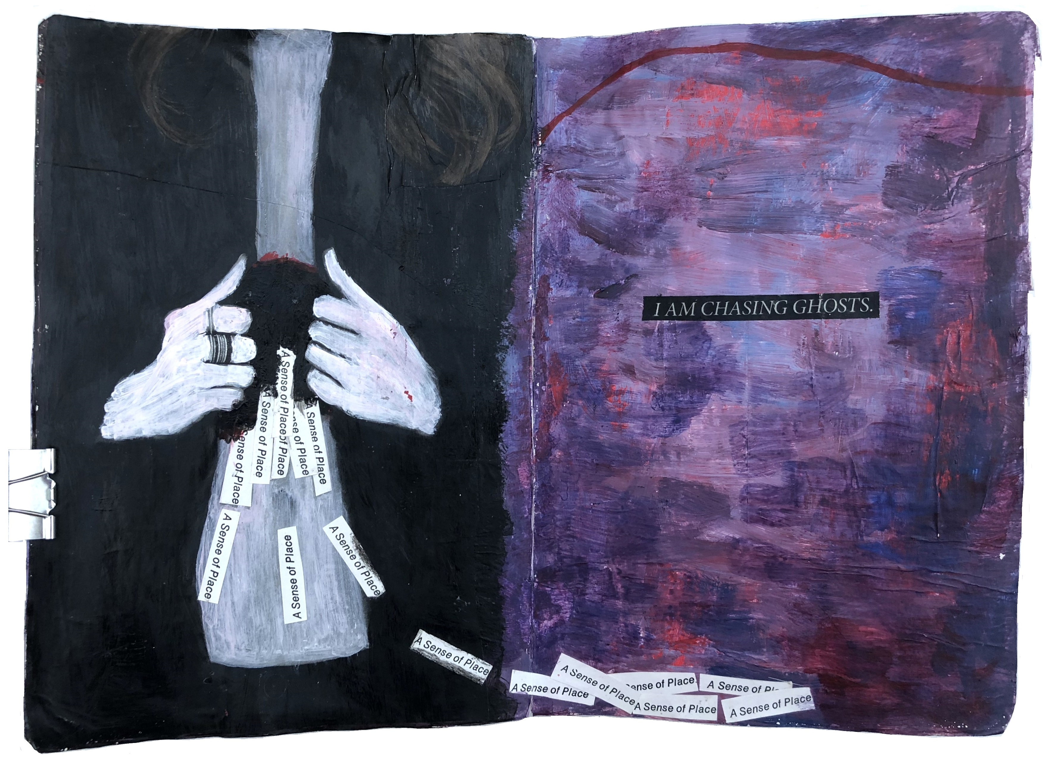 A mixed media art journal altered image of a headless woman opening her chest and the words a sense of place falling out and the words I am chasing ghosts next to her.
