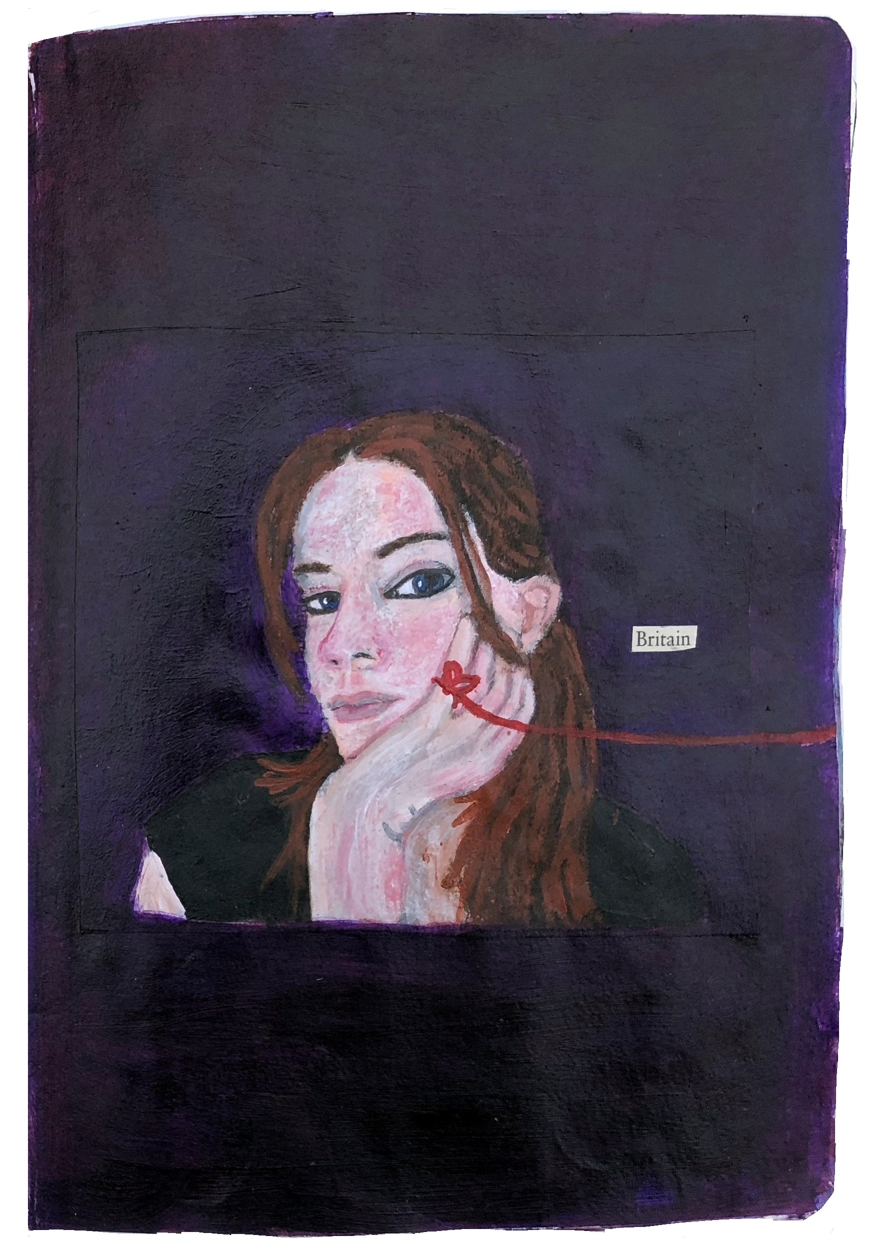 A mixed media art journal illustration of myself with red string tied to my pinky finger and the word Britain next to me.
