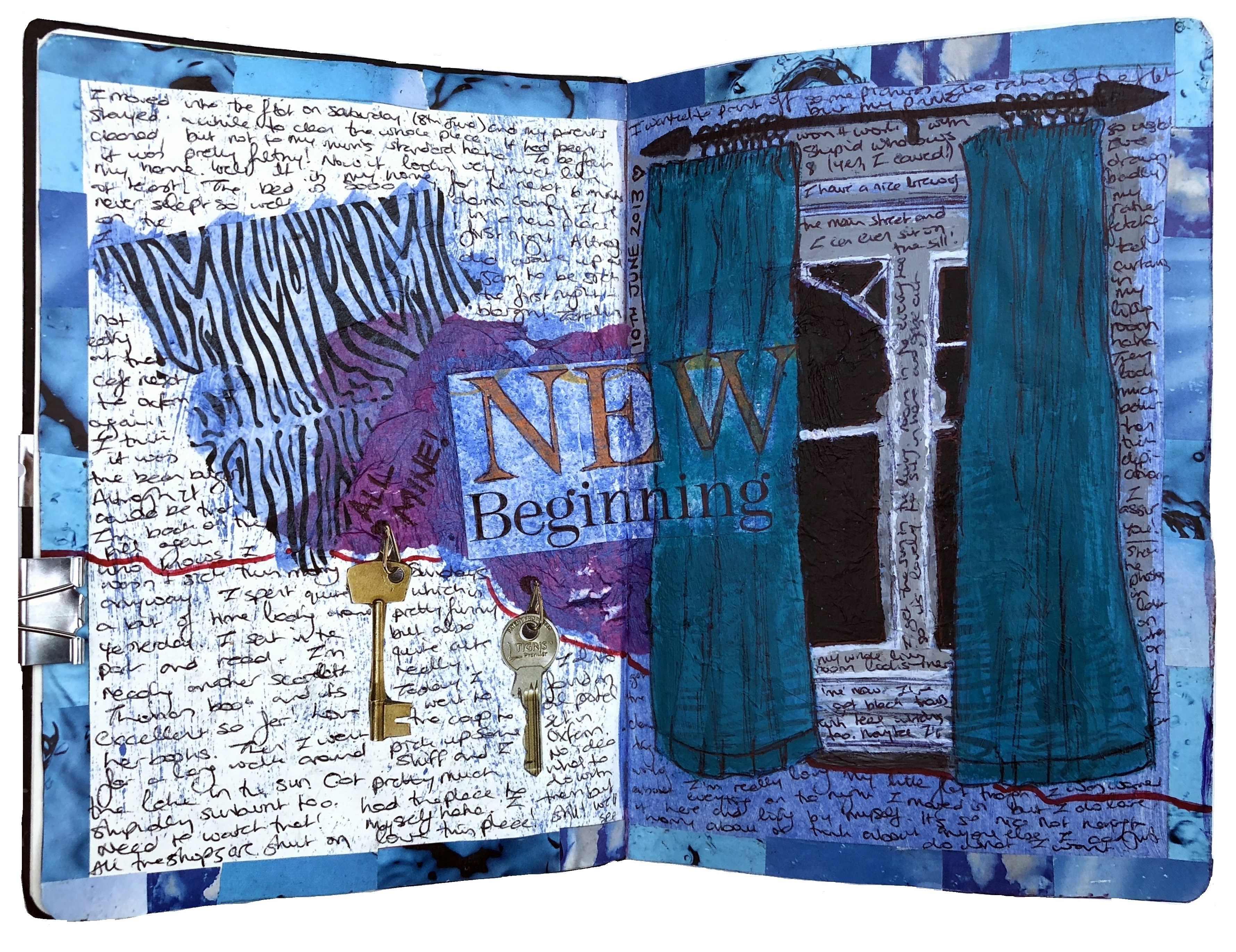 A mixed media art journal illustration of the window and curtains in my new apartment with a small collage.
