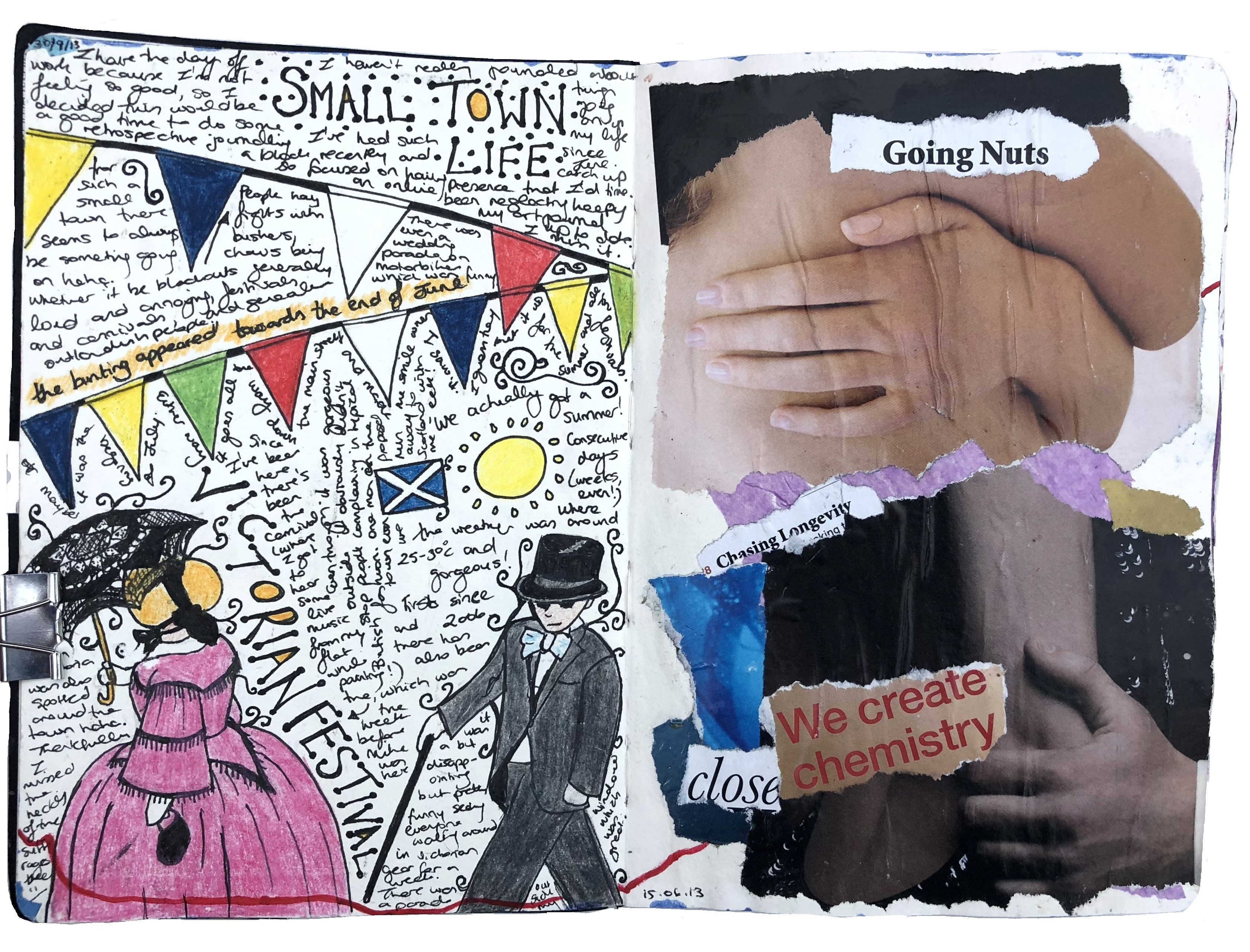 A mixed media art journal page with doodles of a Victorian festival in my small town and a collage about long distance relationships.