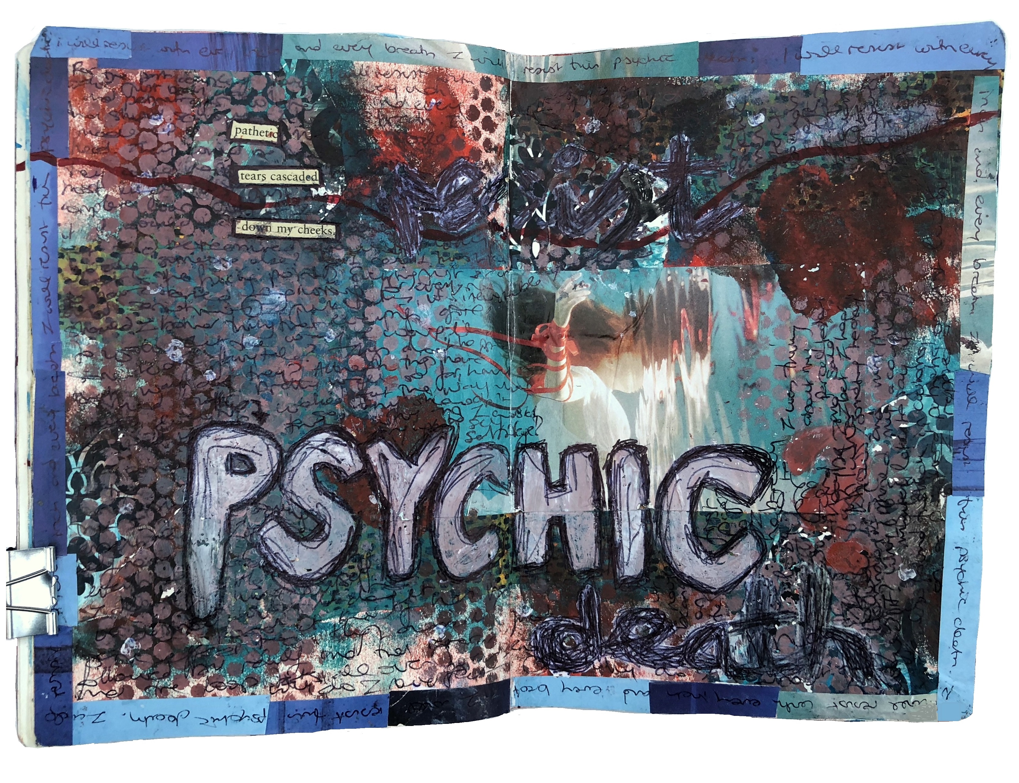A mixed media art journal collage of a woman floating underwater with messy paint surrounding her and lyrics by Bikini Kill about resisting psychic death.