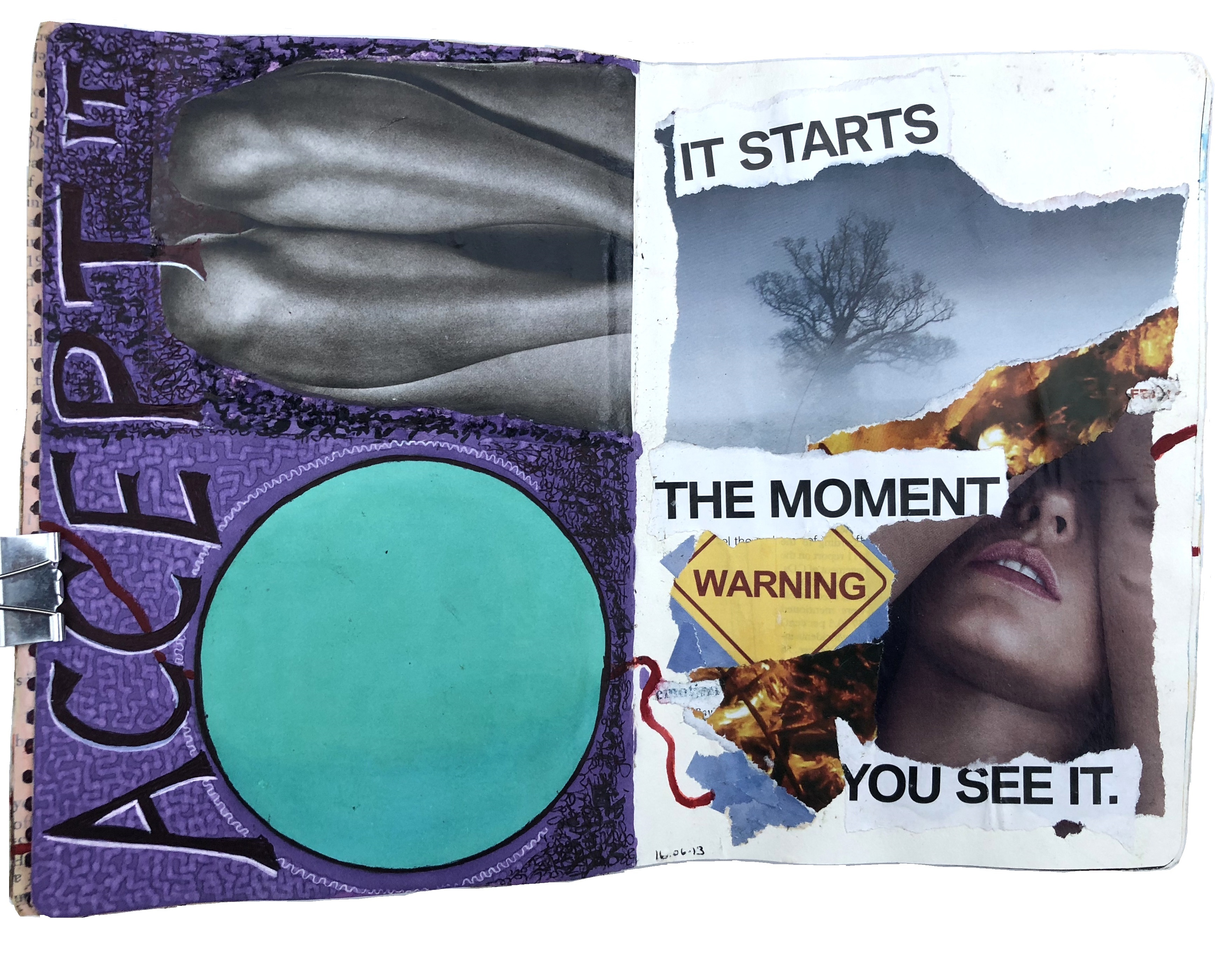 A mixed media art journal page collage about acceptance and an intuitive torn paper collage.