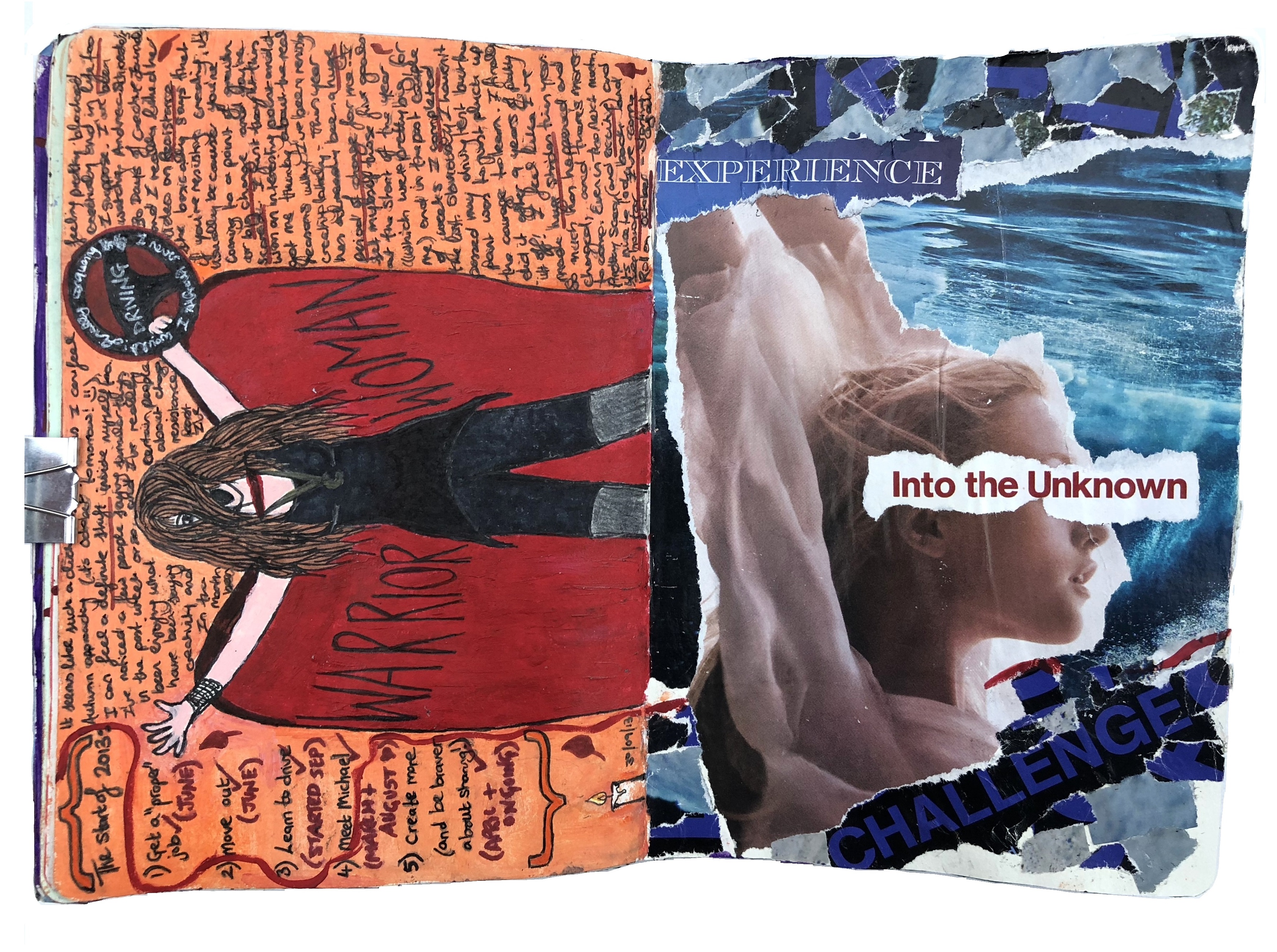 An art journal illustration inspired by Jex Thoth about being a warrior woman and facing my fears and an intuitive torn paper collage about experiencing the unknown.