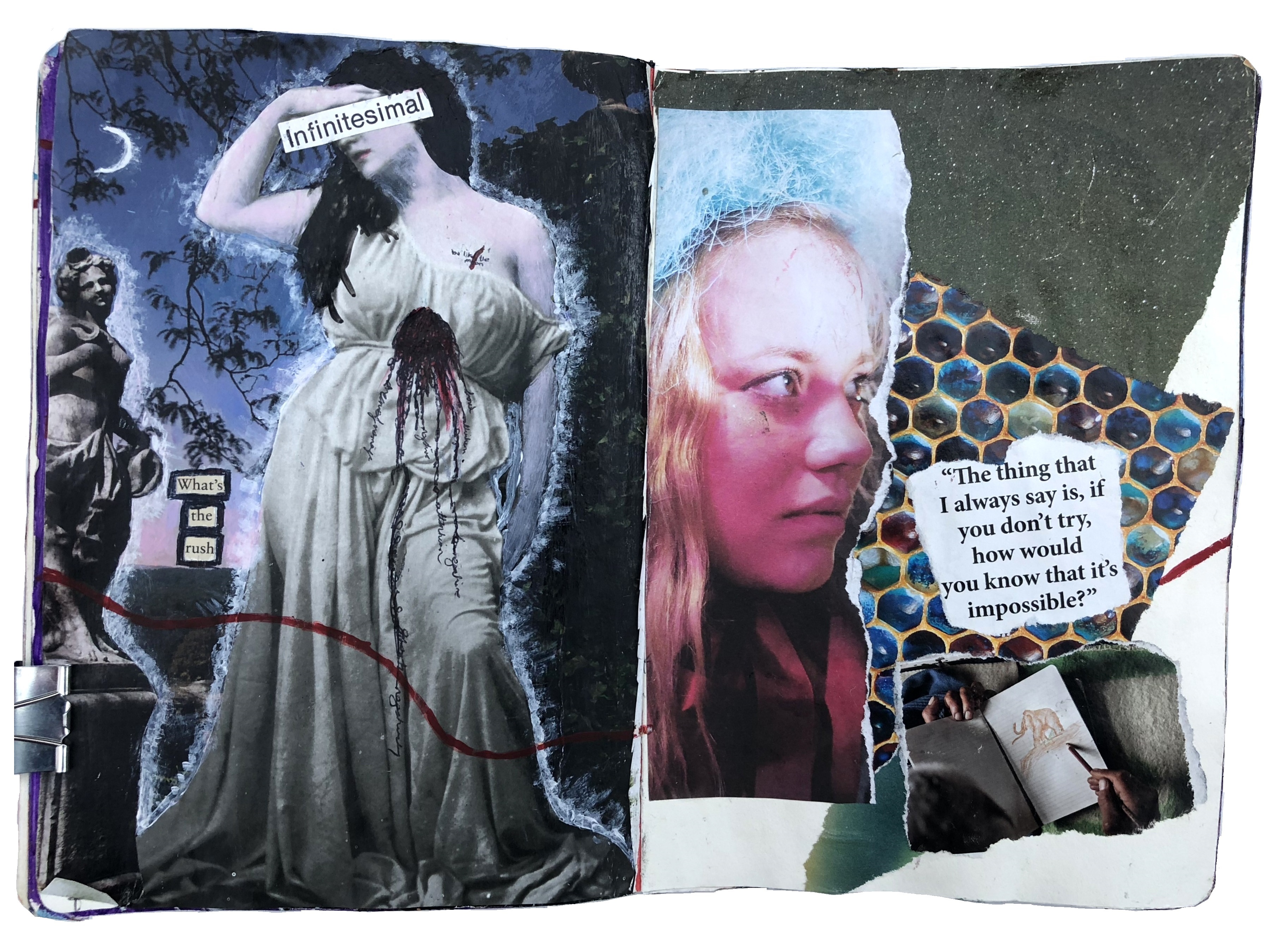A mixed media art journal collage of a woman in a white dress bleeding from her abdomen in front of a dusk sky and moon with the words infinitesimal and what's the rush next to her and an intuitive torn paper collage.